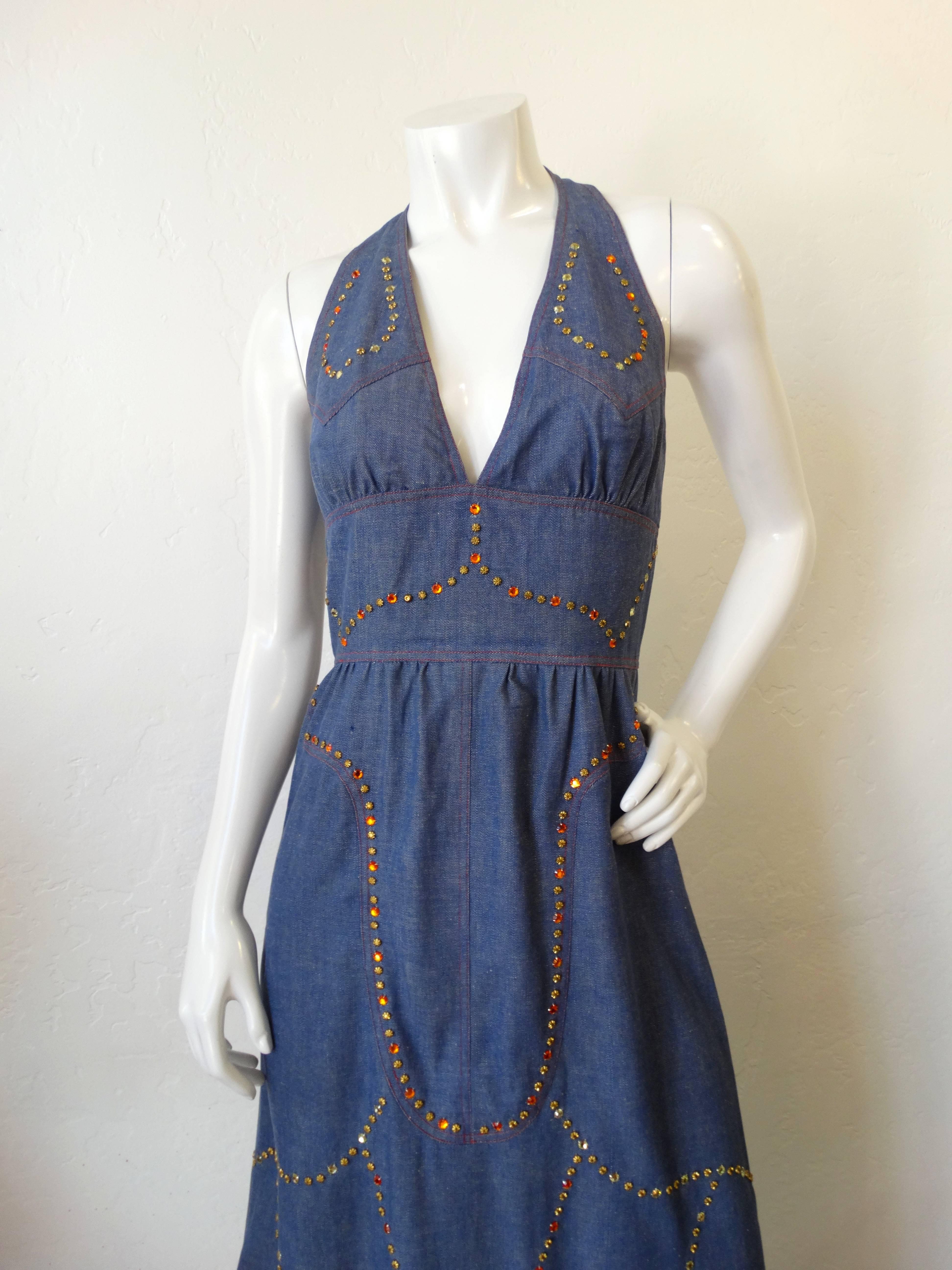 1970s Rhinestone Denim Halter Dress 2