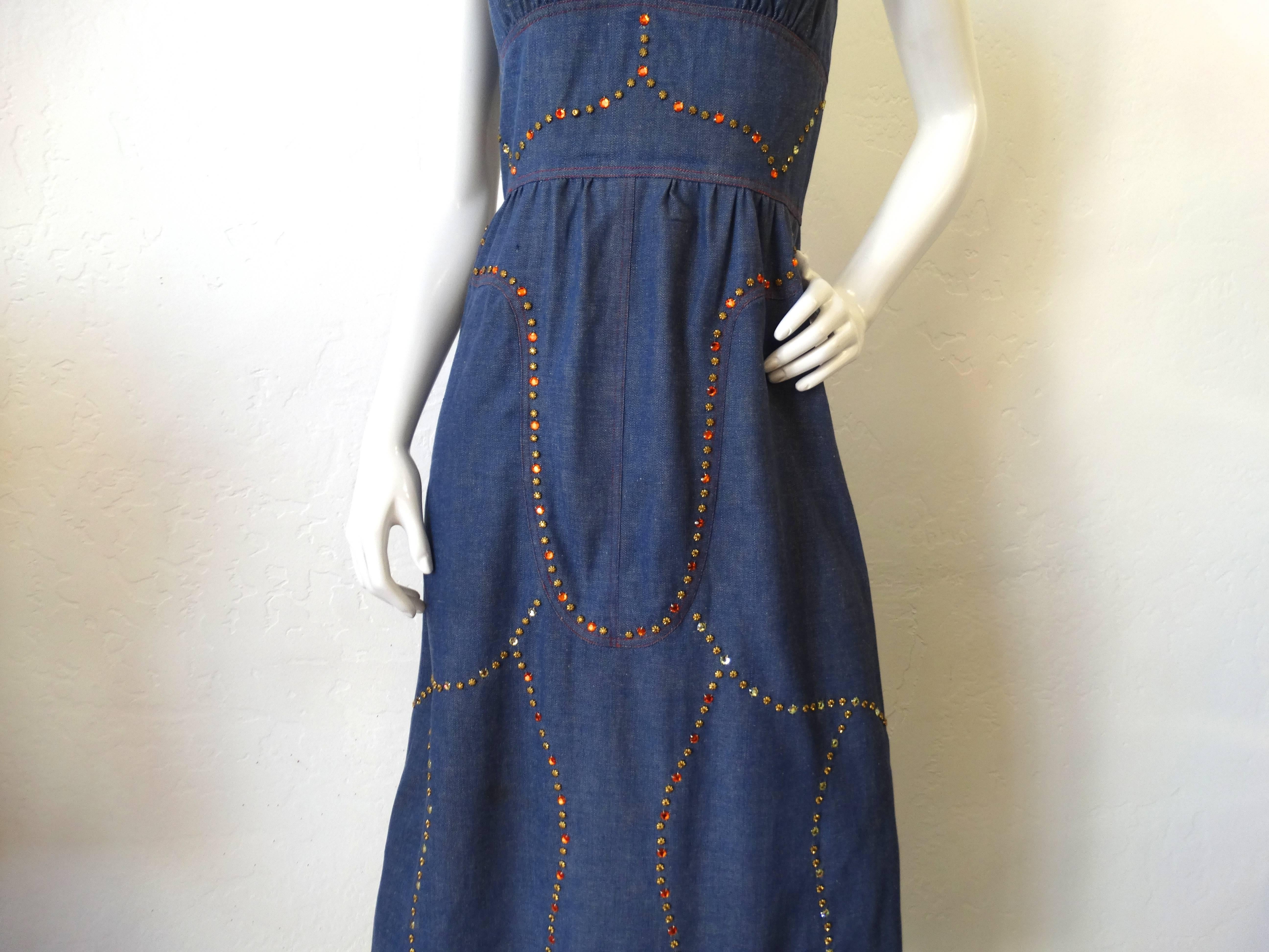 1970s Rhinestone Denim Halter Dress 3