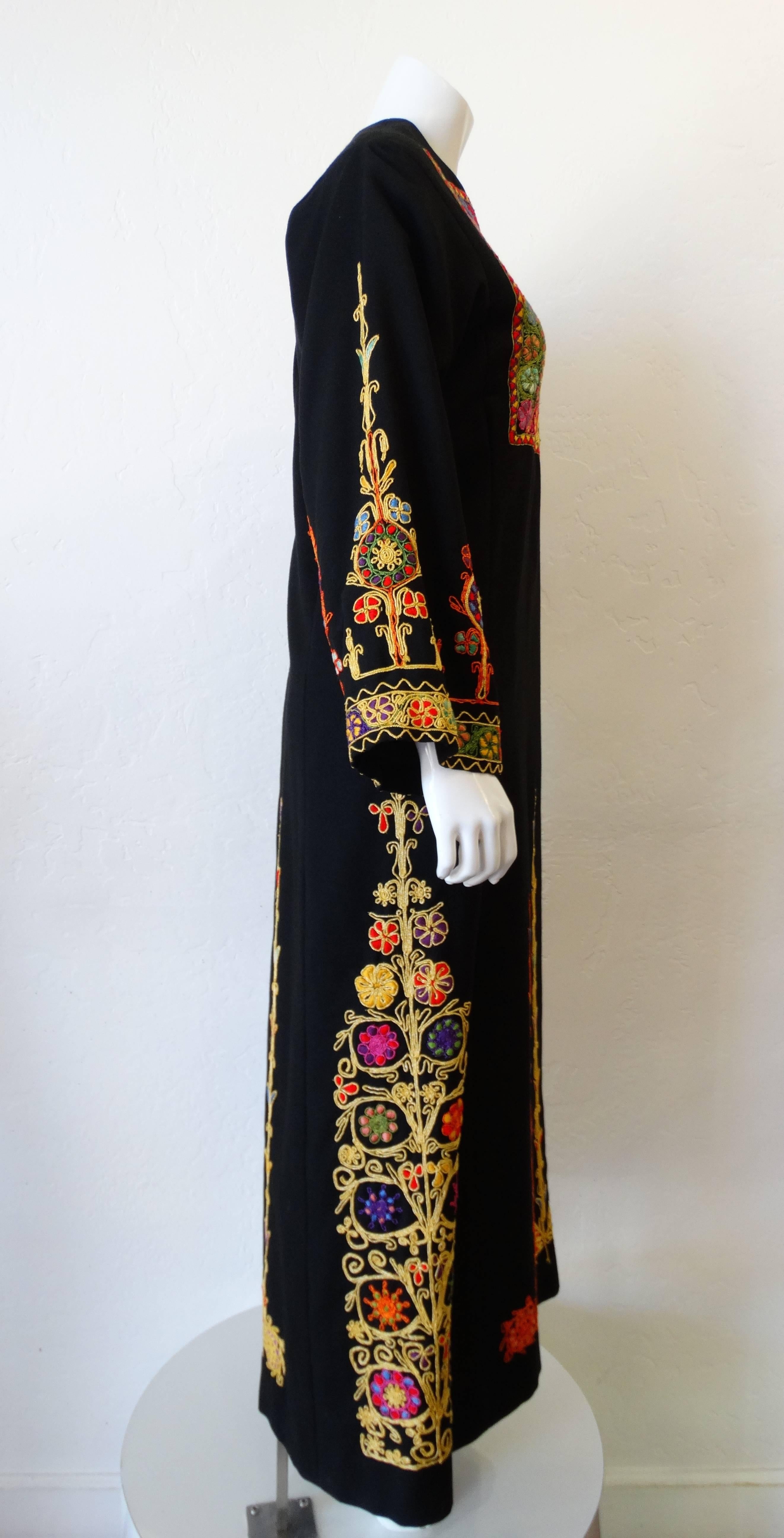 Black 1970s Maskit Israel Embroidered Maxi Dress
