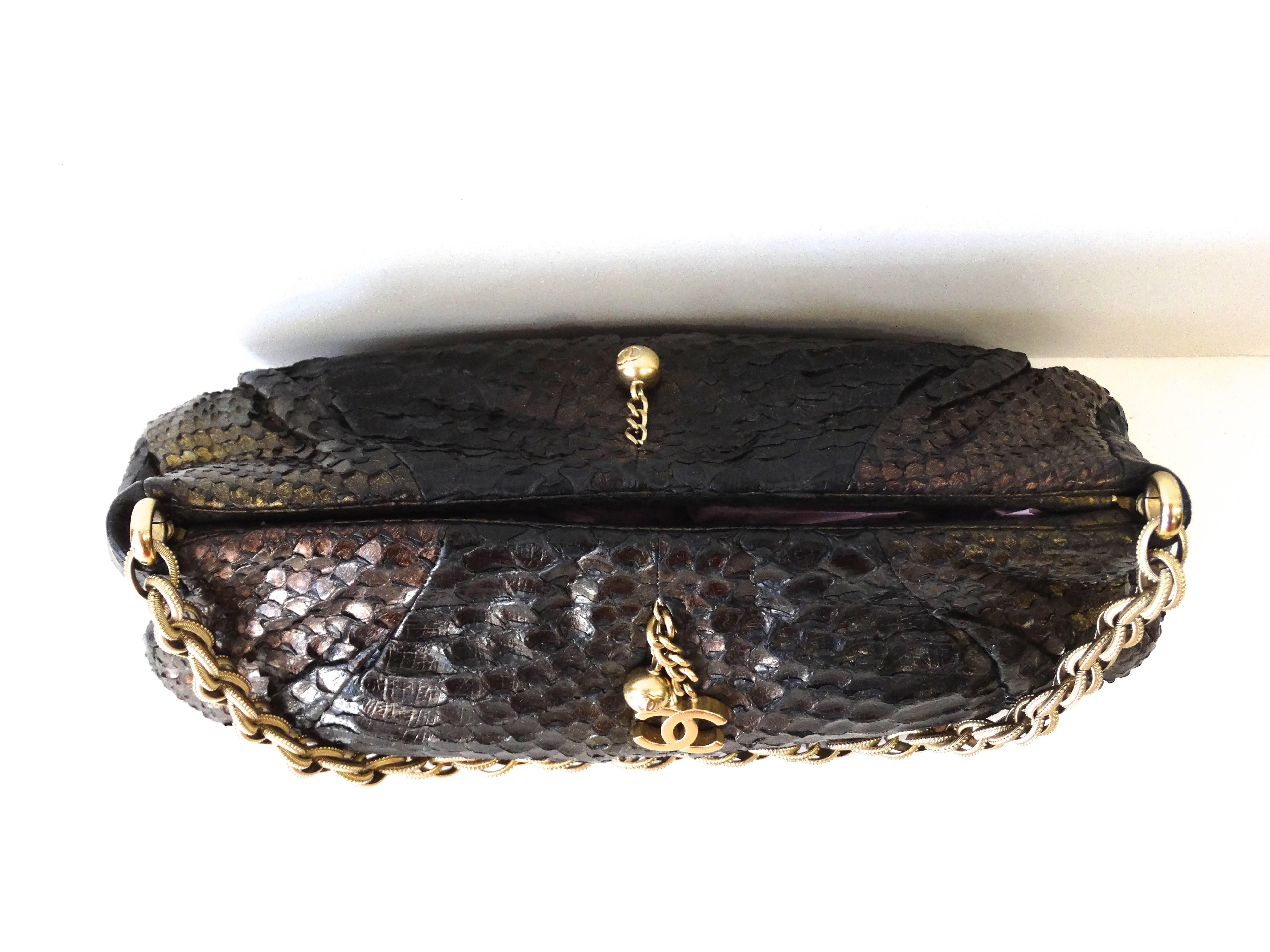 Black Chanel Gold Tone Chain Strap Pochette Metallic Python Shoulder Bag  