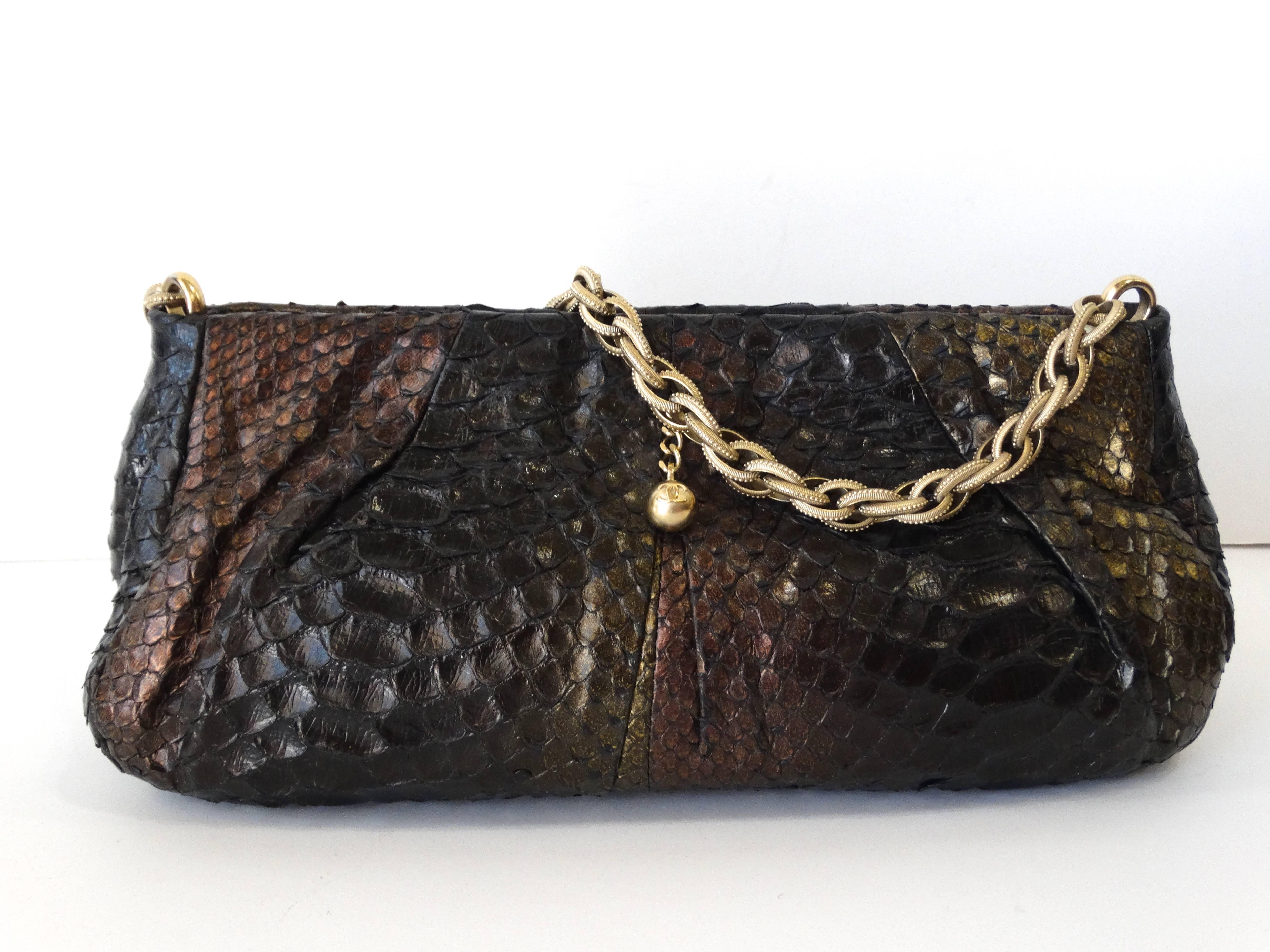 Chanel Gold Tone Chain Strap Pochette Metallic Python Shoulder Bag   4