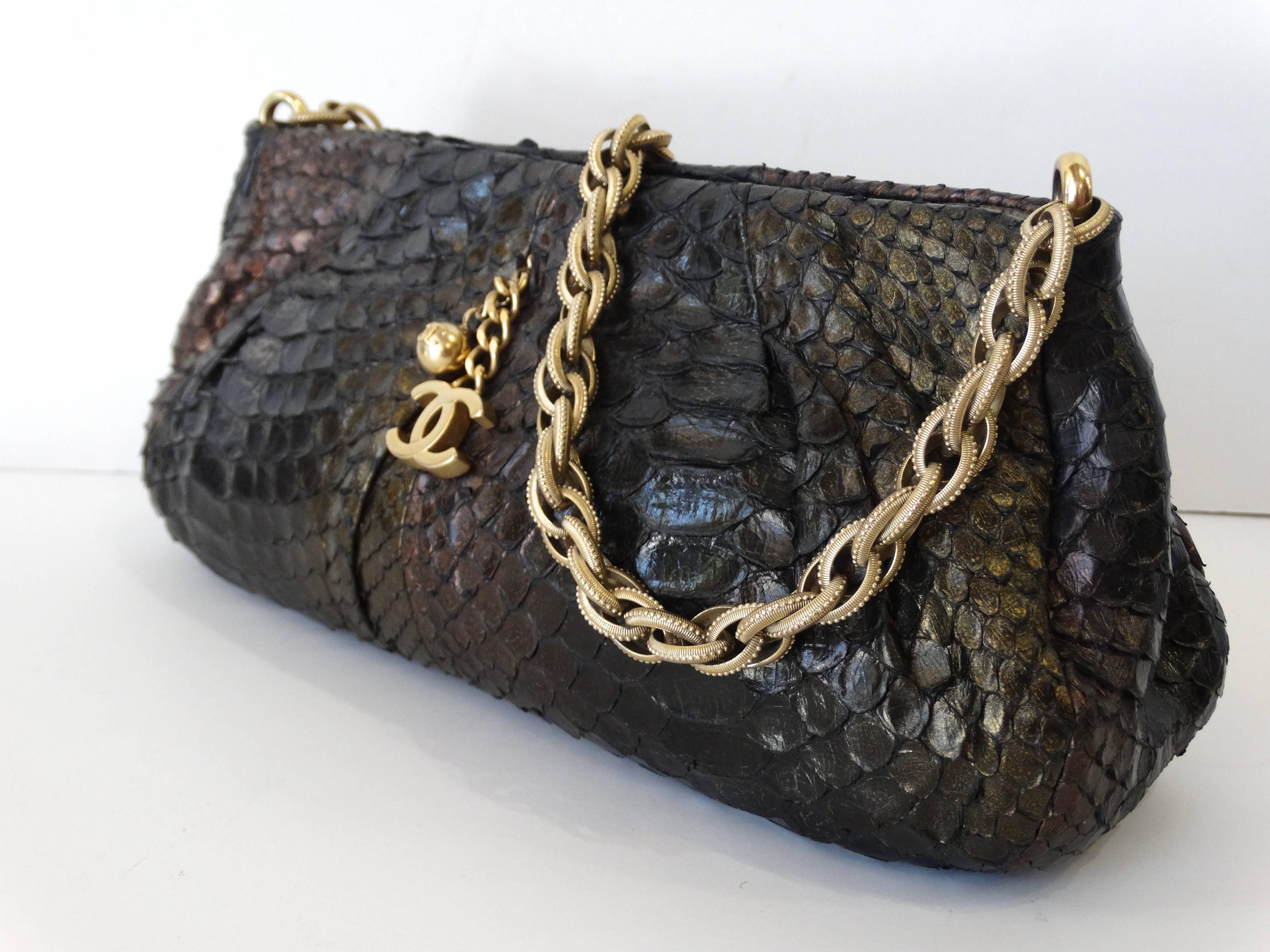 Chanel Gold Tone Chain Strap Pochette Metallic Python Shoulder Bag   In Excellent Condition In Scottsdale, AZ