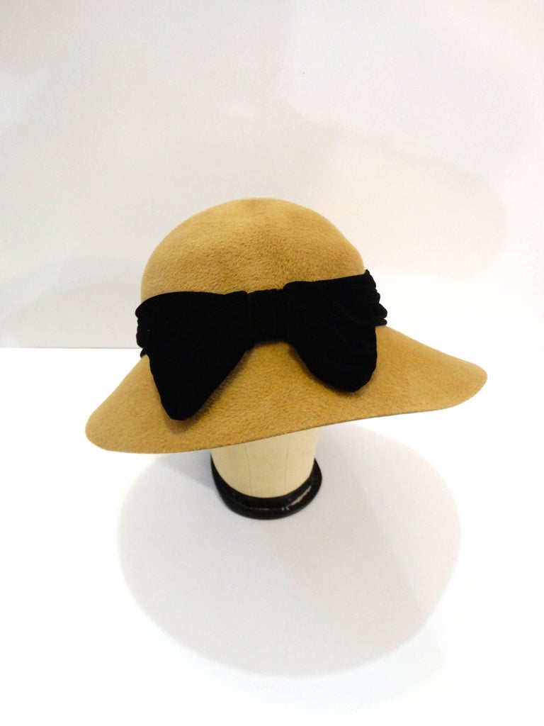 Brown 1960s Yves Saint Laurent Tan Cloche Bow Hat For Sale