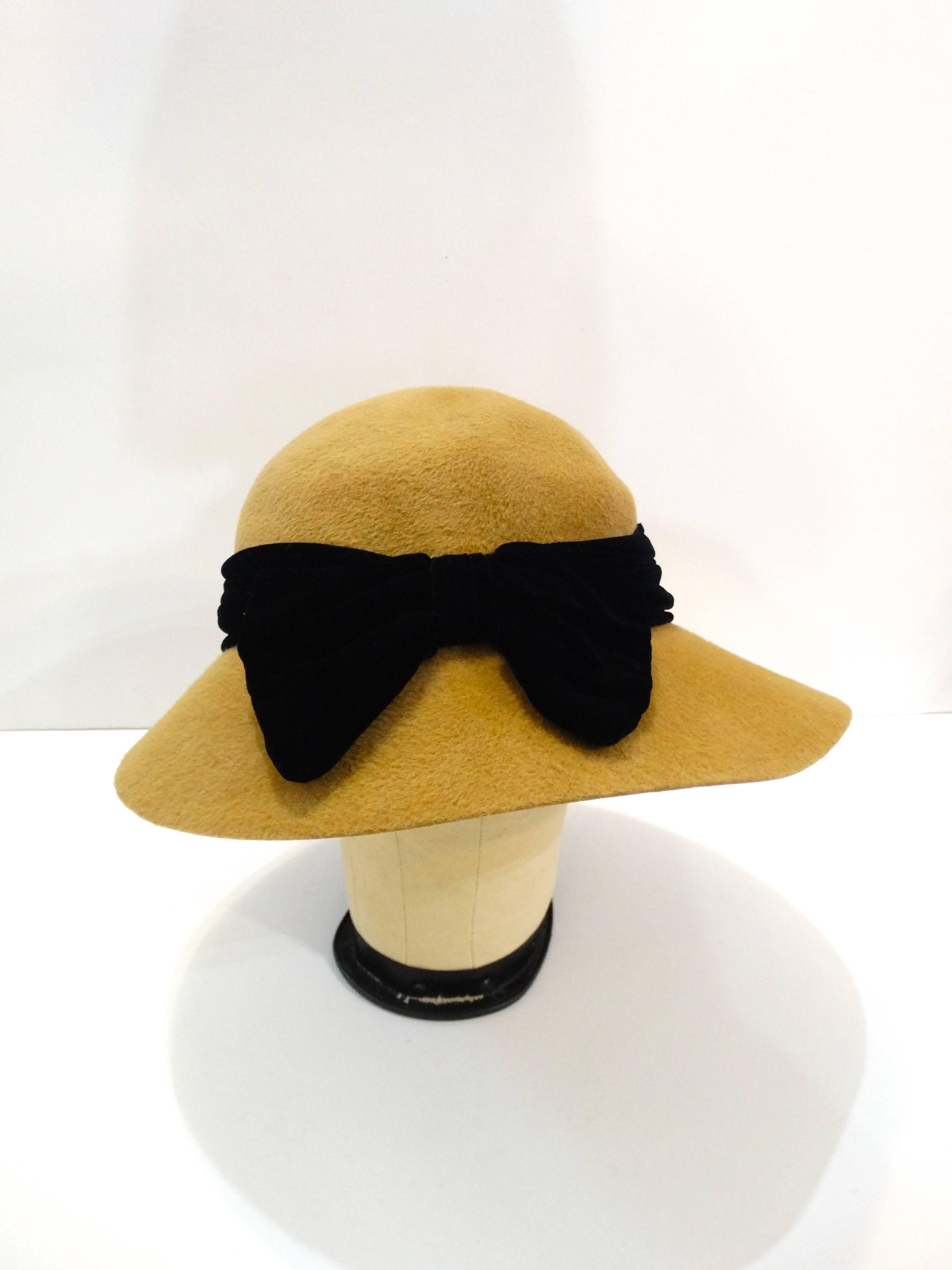 Brown 1960s Yves Saint Laurent Tan Cloche Bow Hat