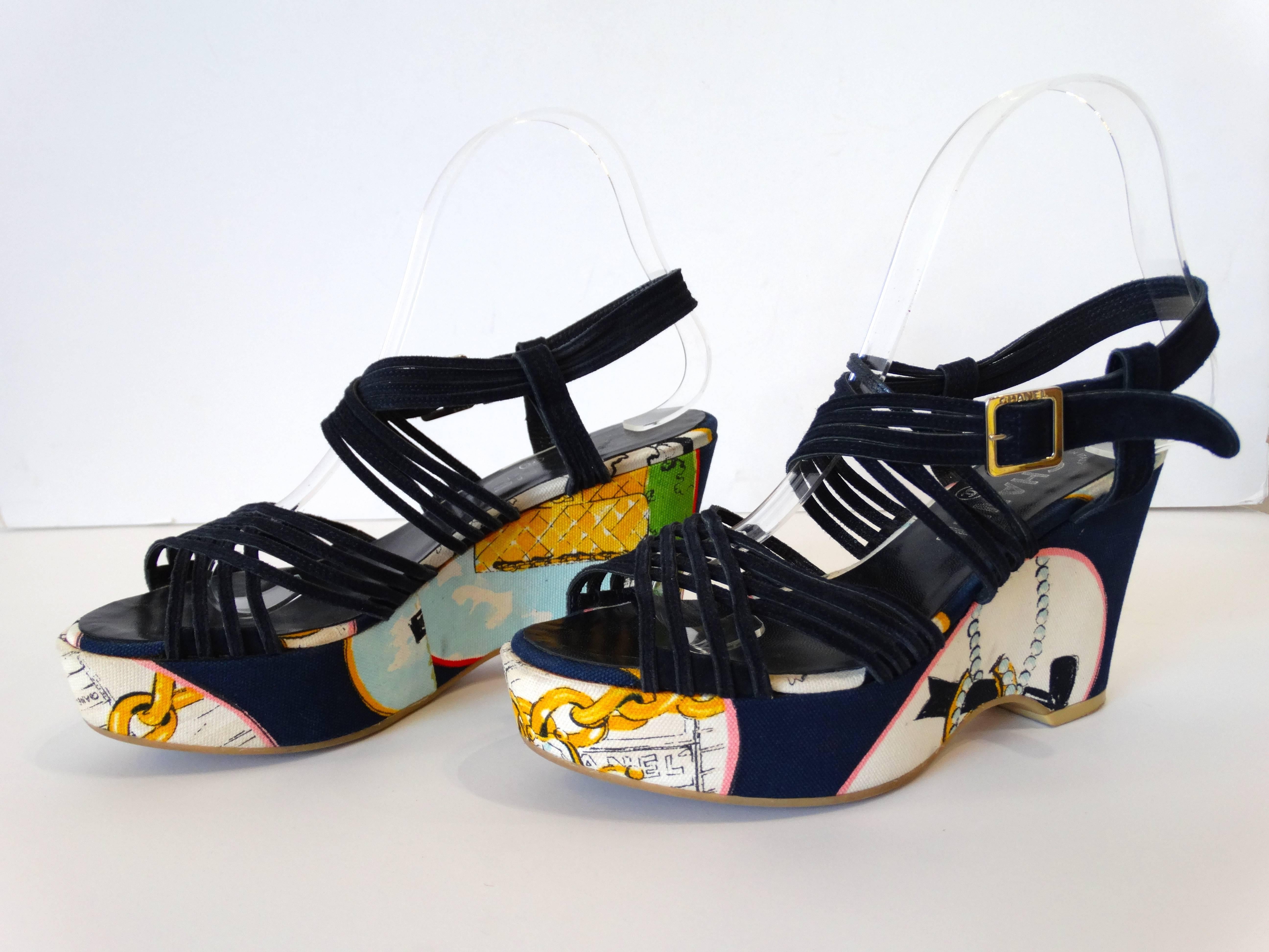 1990 Chanel Parisian Printed Strappy Wedges  3