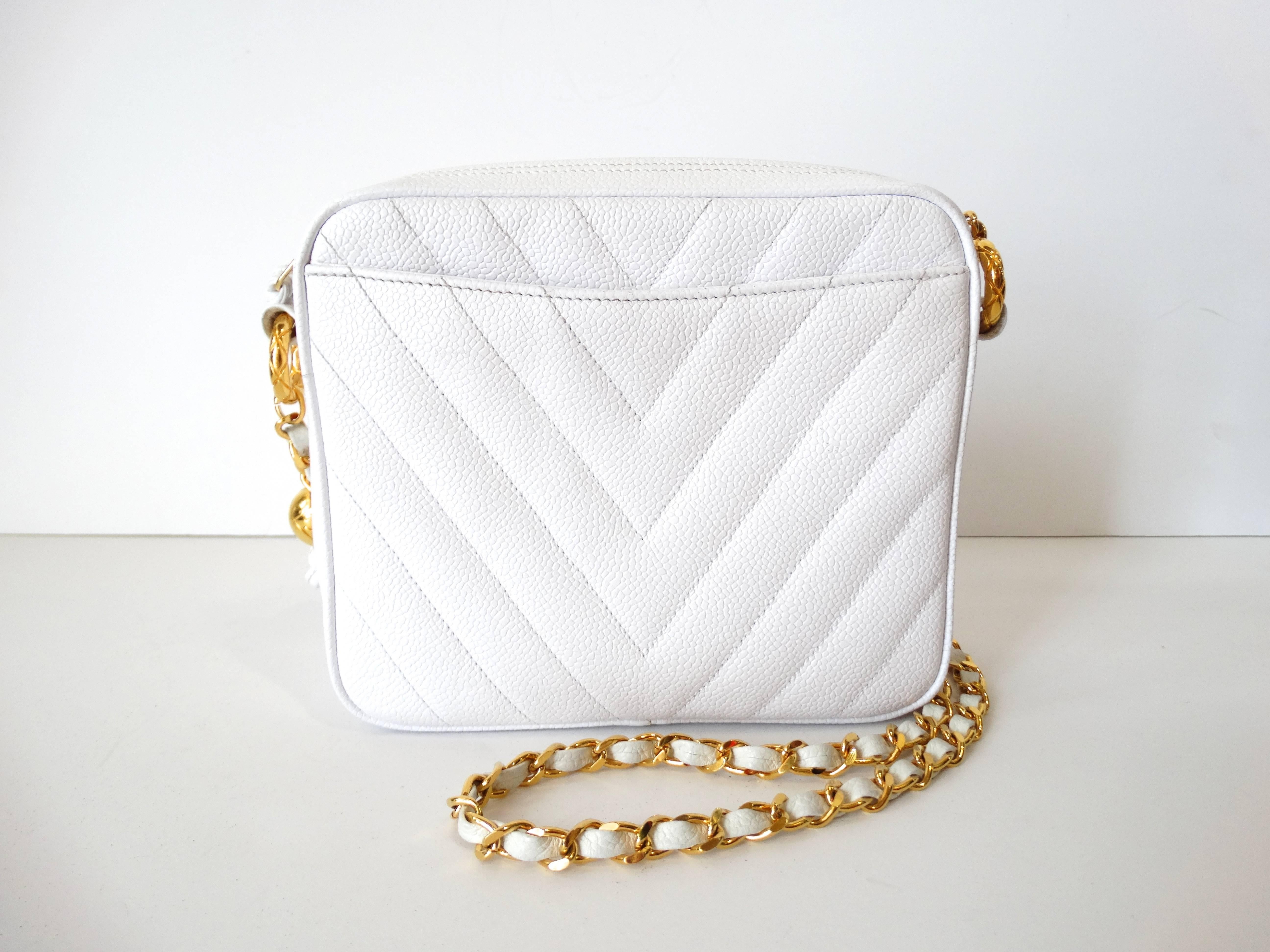 1980s Chanel White Caviar Chevron Stitched Bag  1