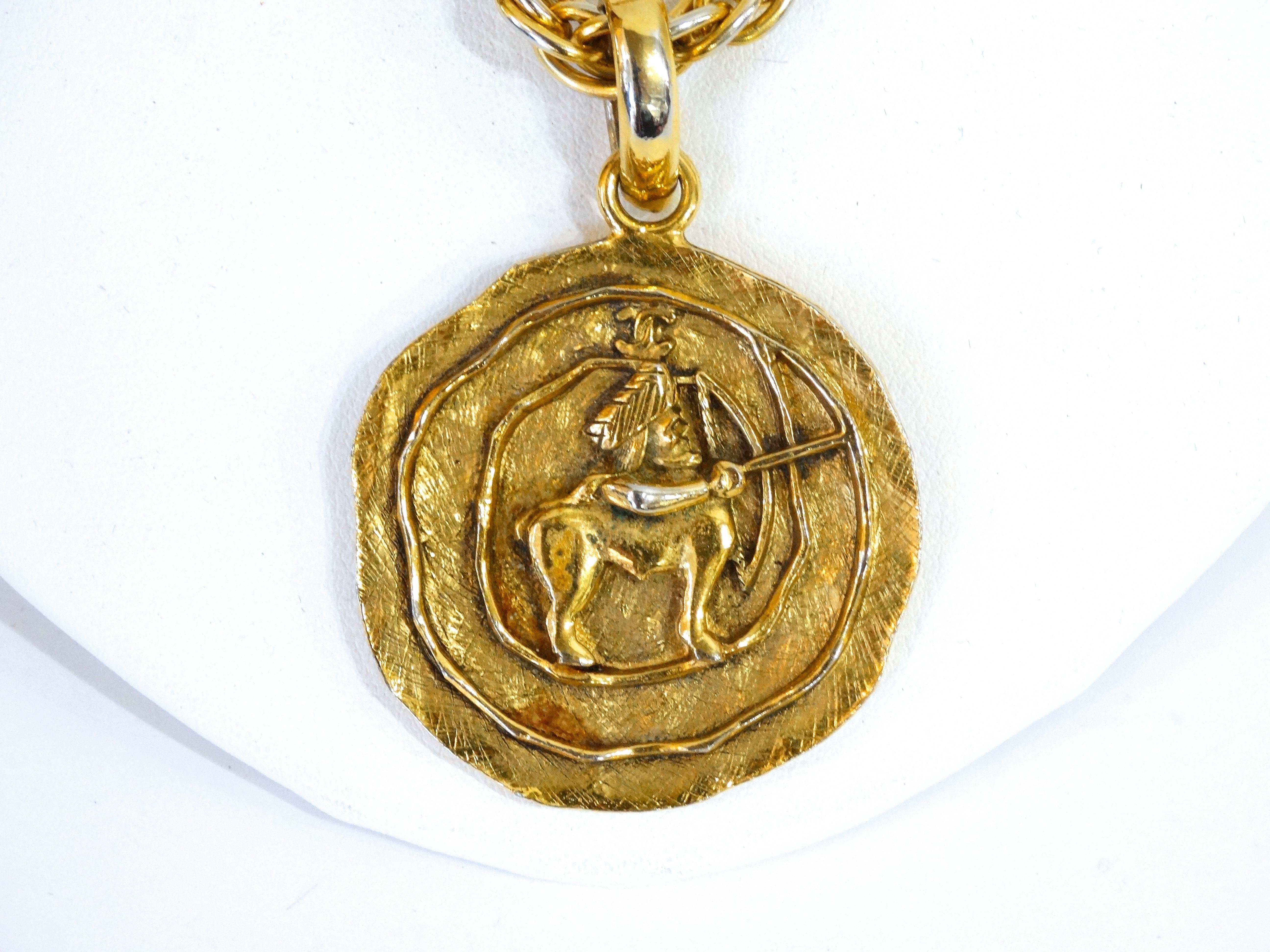 Calling all Sagittarius queens! Accessorize in style with our vintage Chanel medallion from the 1980s. Twisted rope gold chain with intricate medallion depicting Sagittarius motifs. Shown here doubled up, though it can be worn however you like!