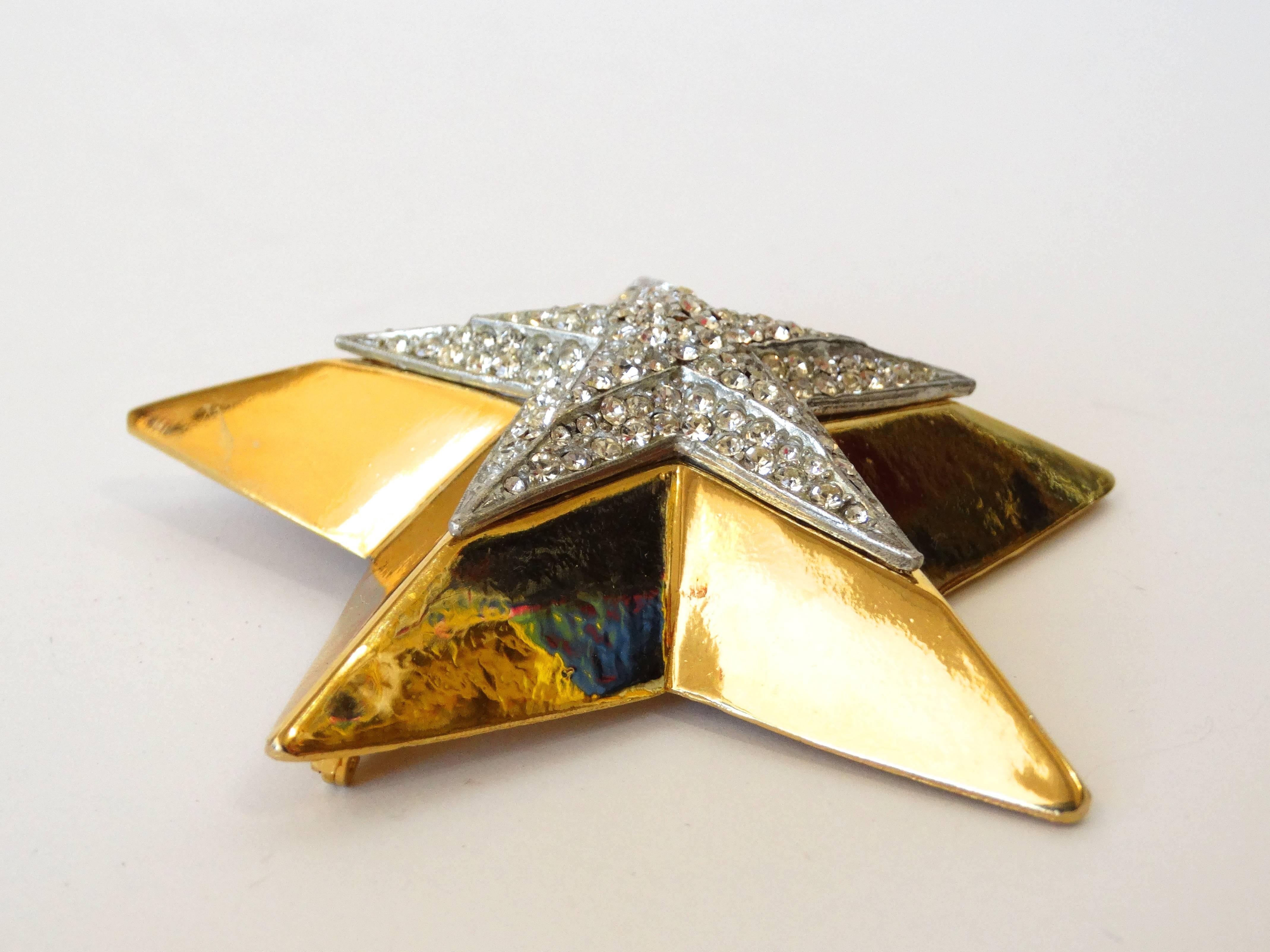 1980s Gold Star Rhinestone Brooch 3