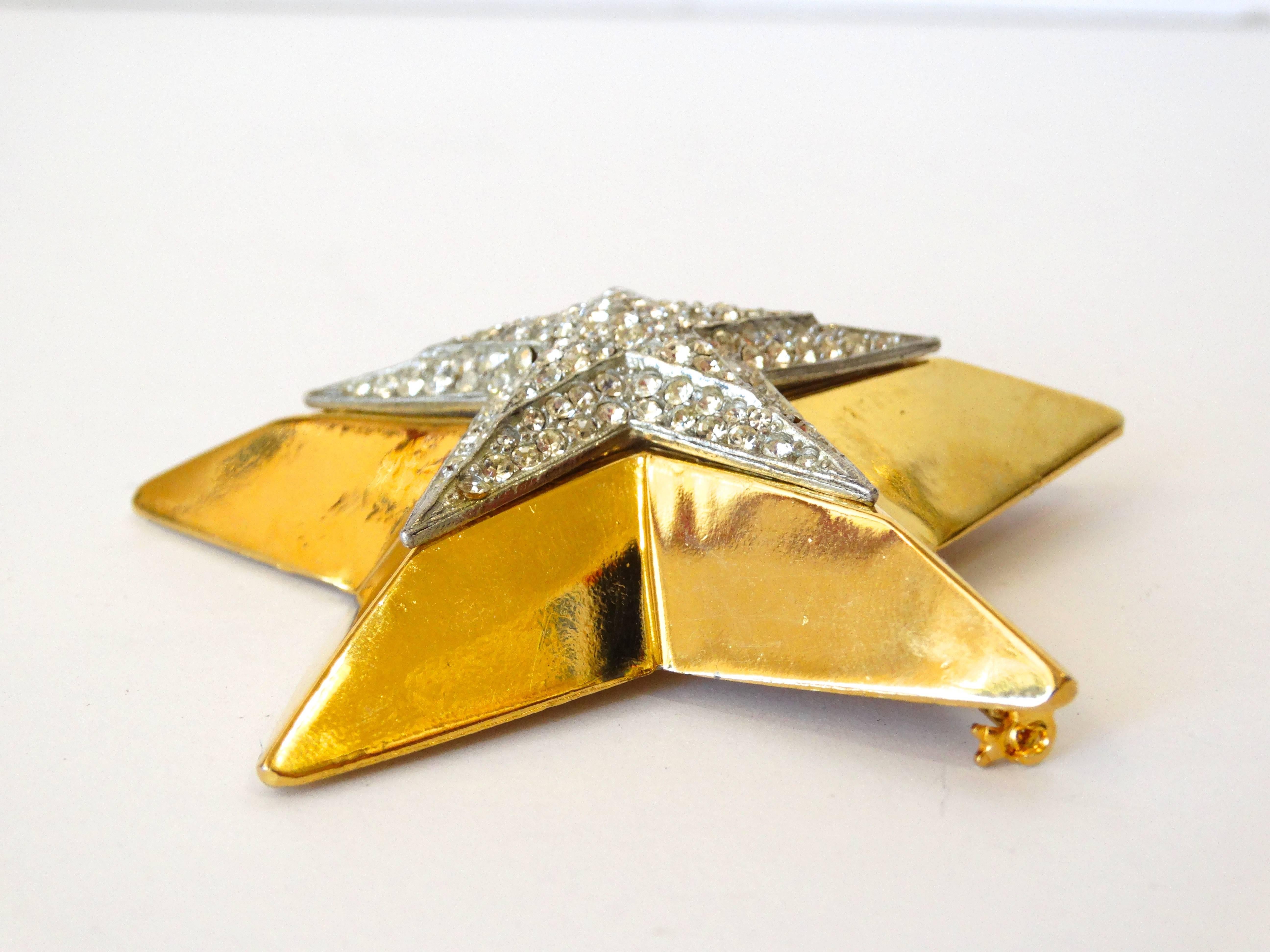 Women's 1980s Gold Star Rhinestone Brooch