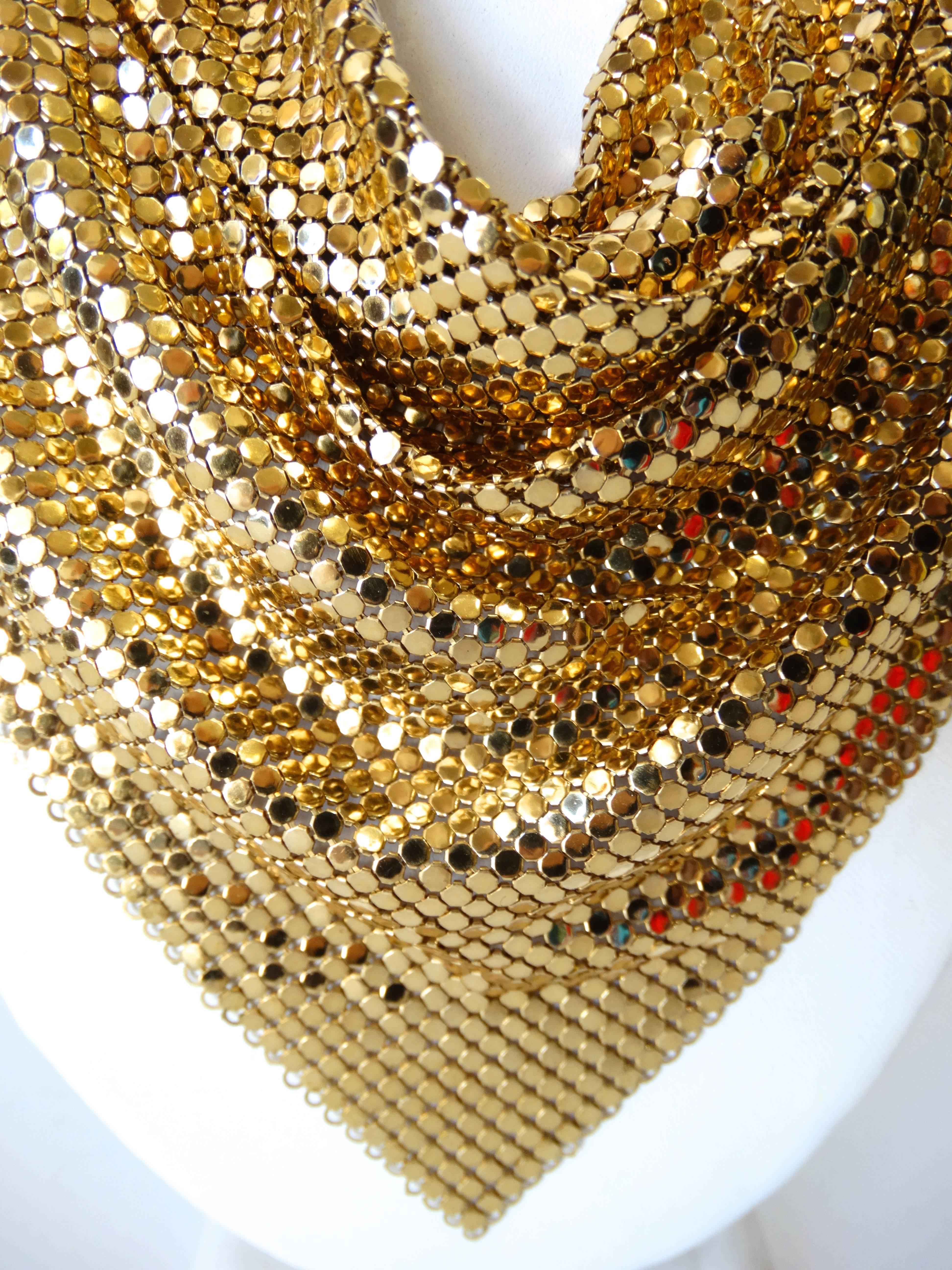 Elevate your holiday looks in our incredible 1970s Whiting & Davis scarf necklace! Made of super fine draped gold metal mesh, gathers elegantly around the neck. Hook and eye clasp for an adjustable fit. Signed Whiting & Davis on the charm at the