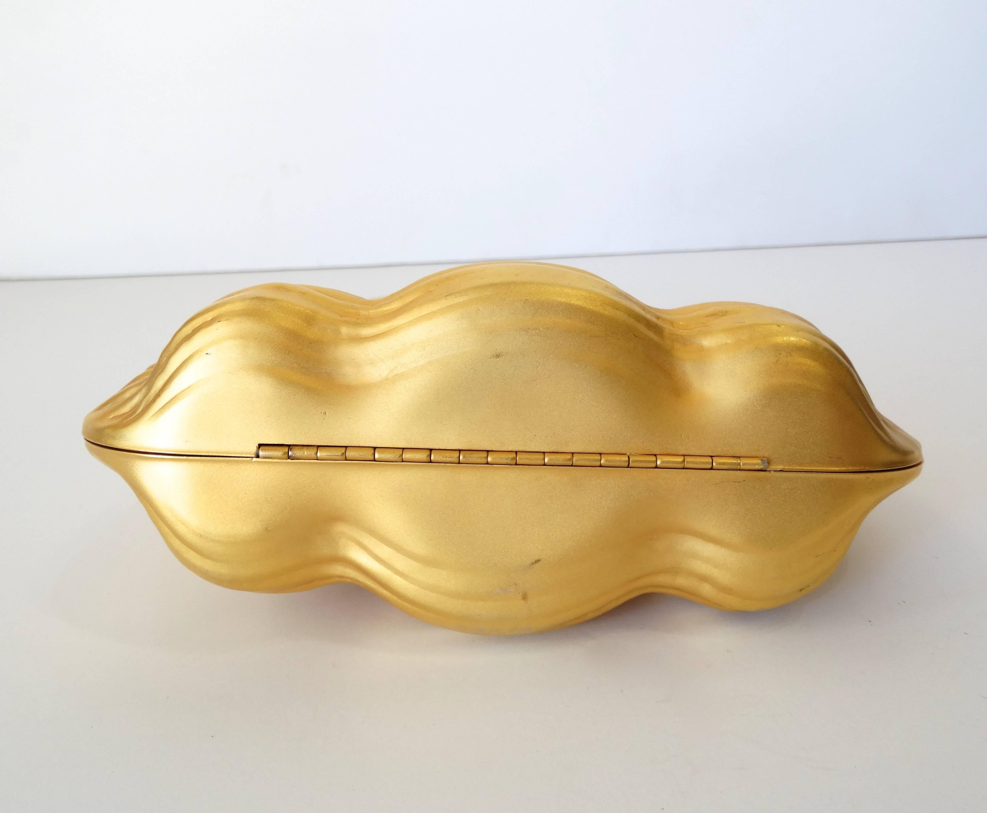 Brown Gold Metal Clamshell Evening Bag