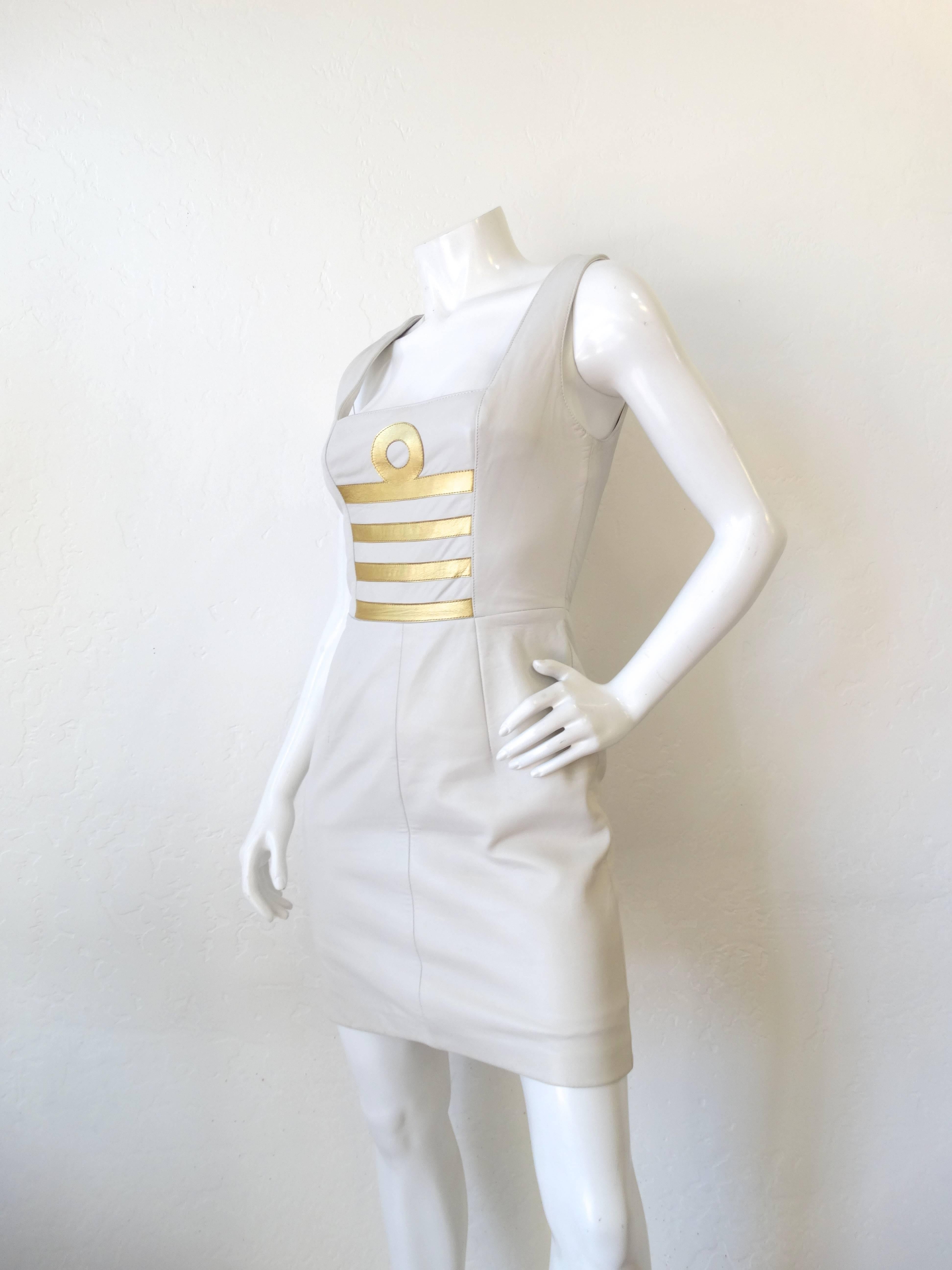 Gray 1980s Michael Hoban Winter White Leather Libra Bodycon Dress 