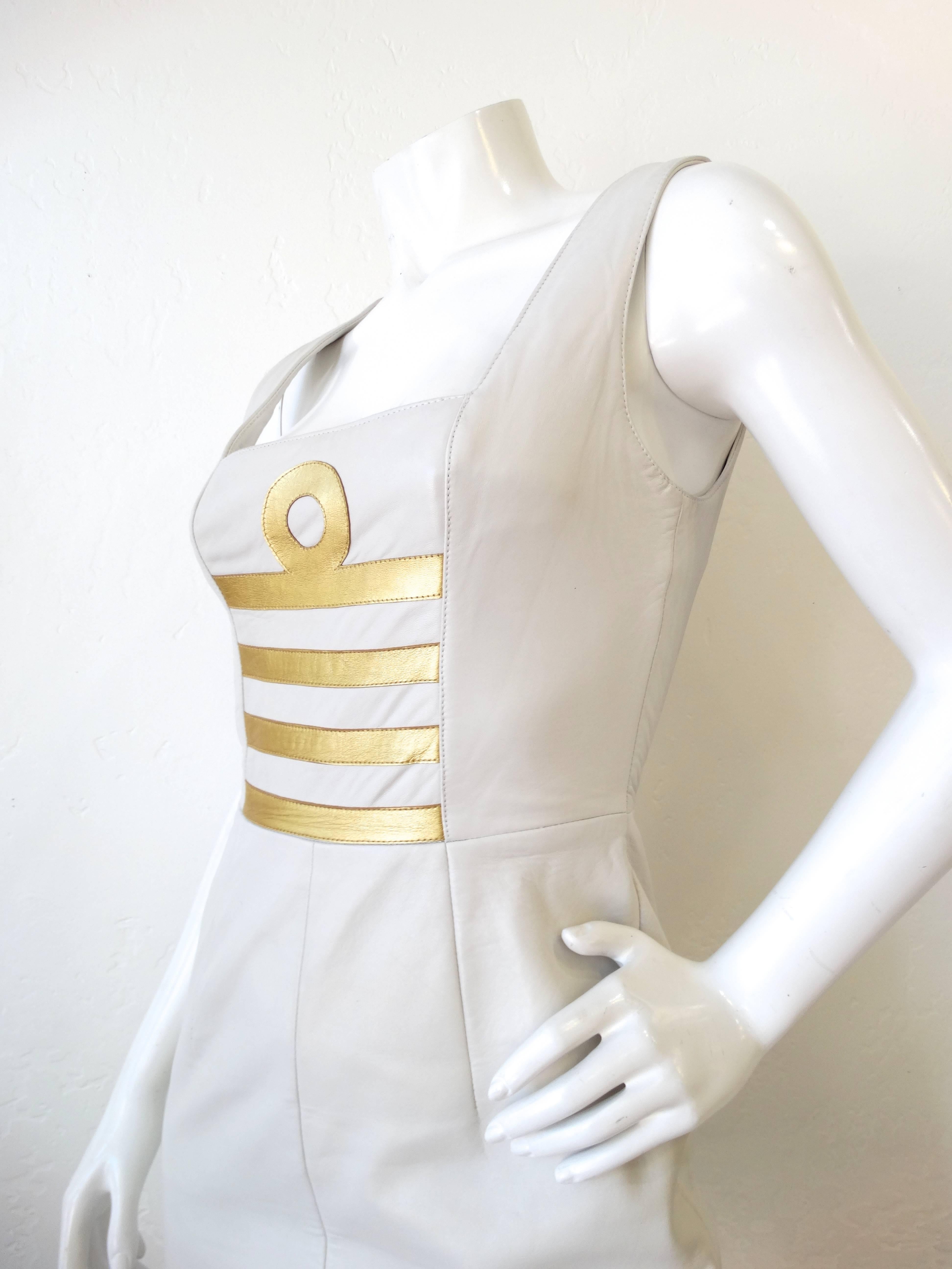 1980s Michael Hoban Winter White Leather Libra Bodycon Dress  In Excellent Condition In Scottsdale, AZ