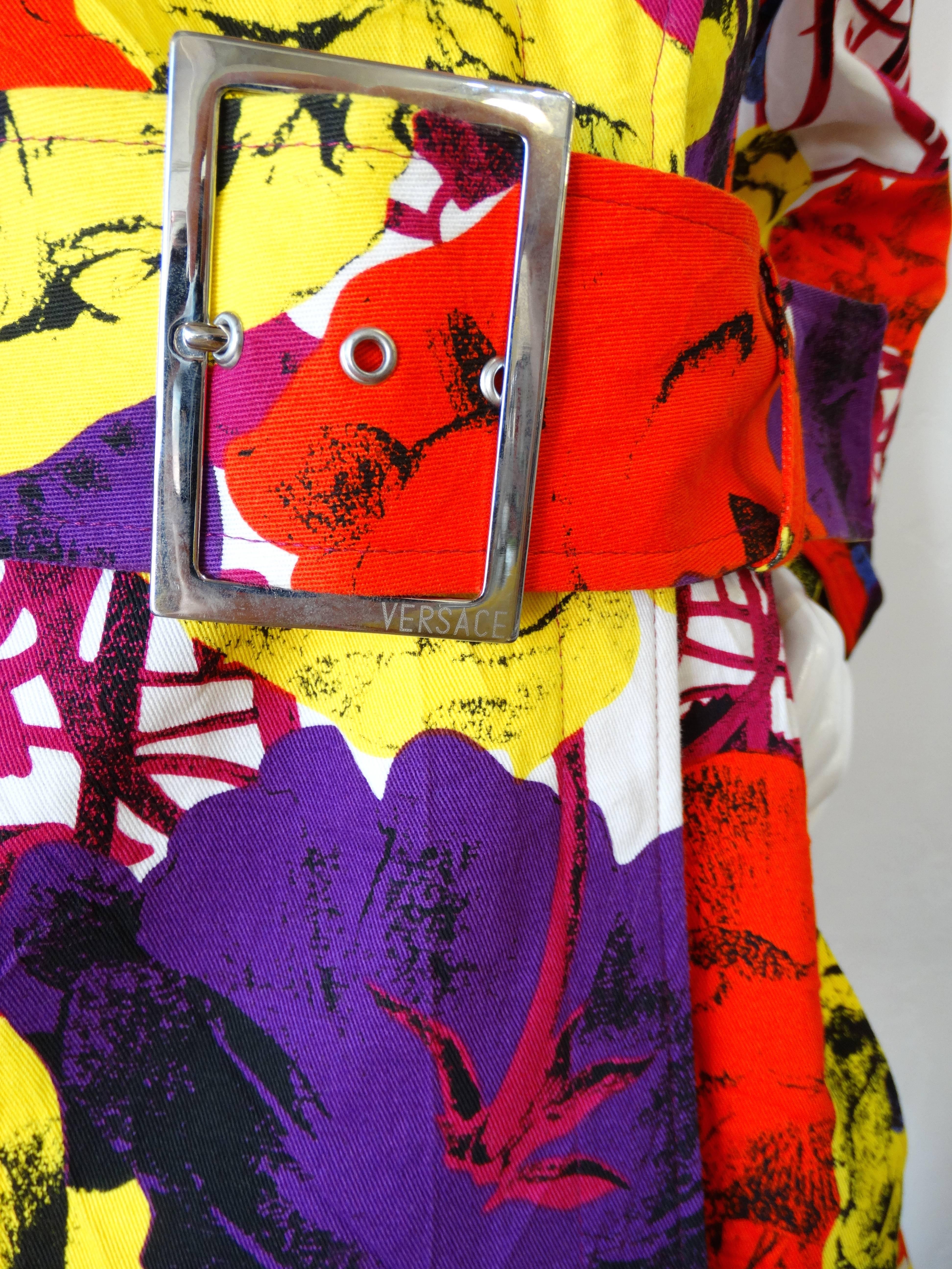 Red Gianni Versace Documented Pop Art Floral Mini Trench Coat, 1990s 