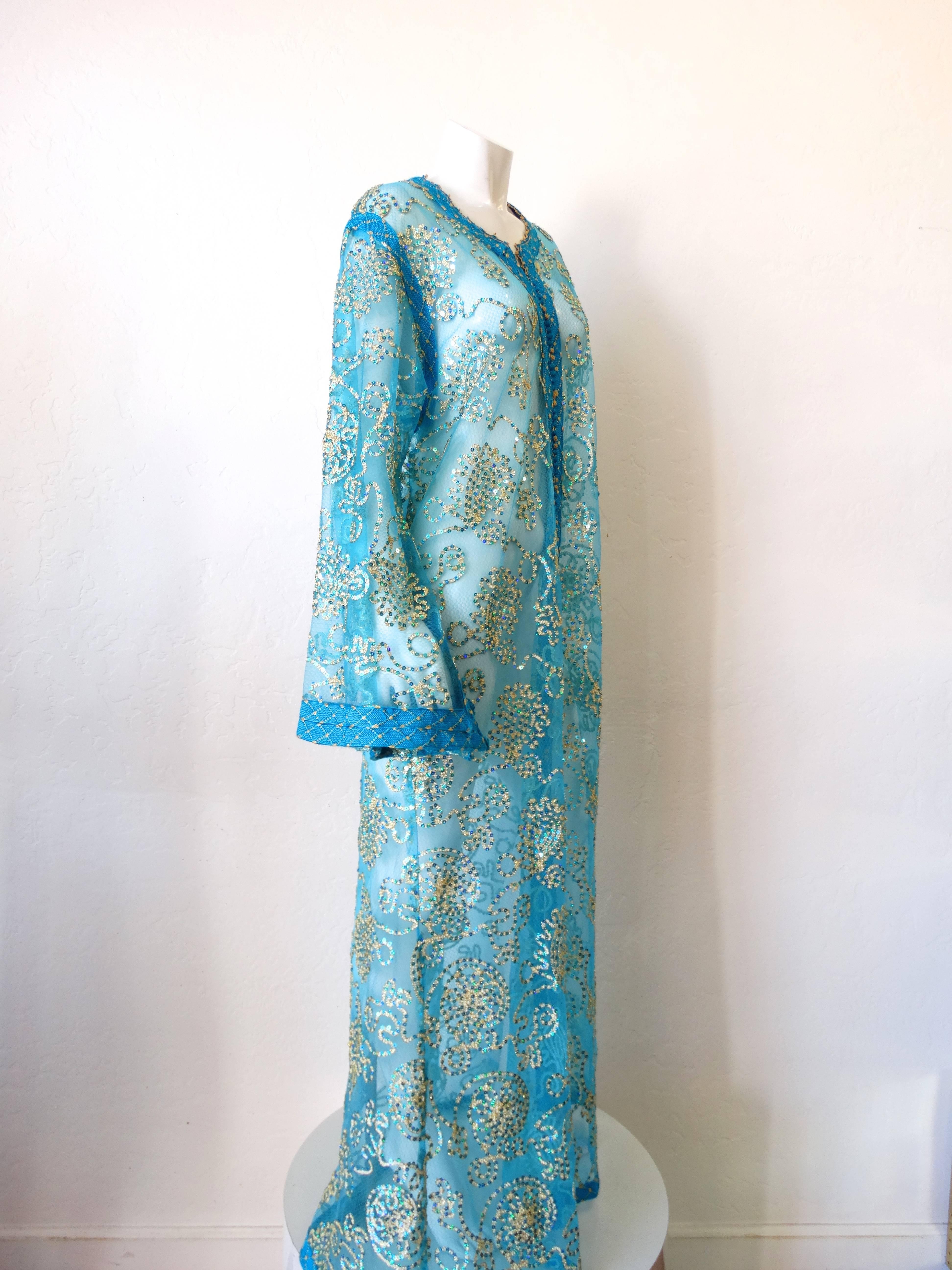 1970s Sheer Blue Super Model Length Sequin Kaftan Dress 3