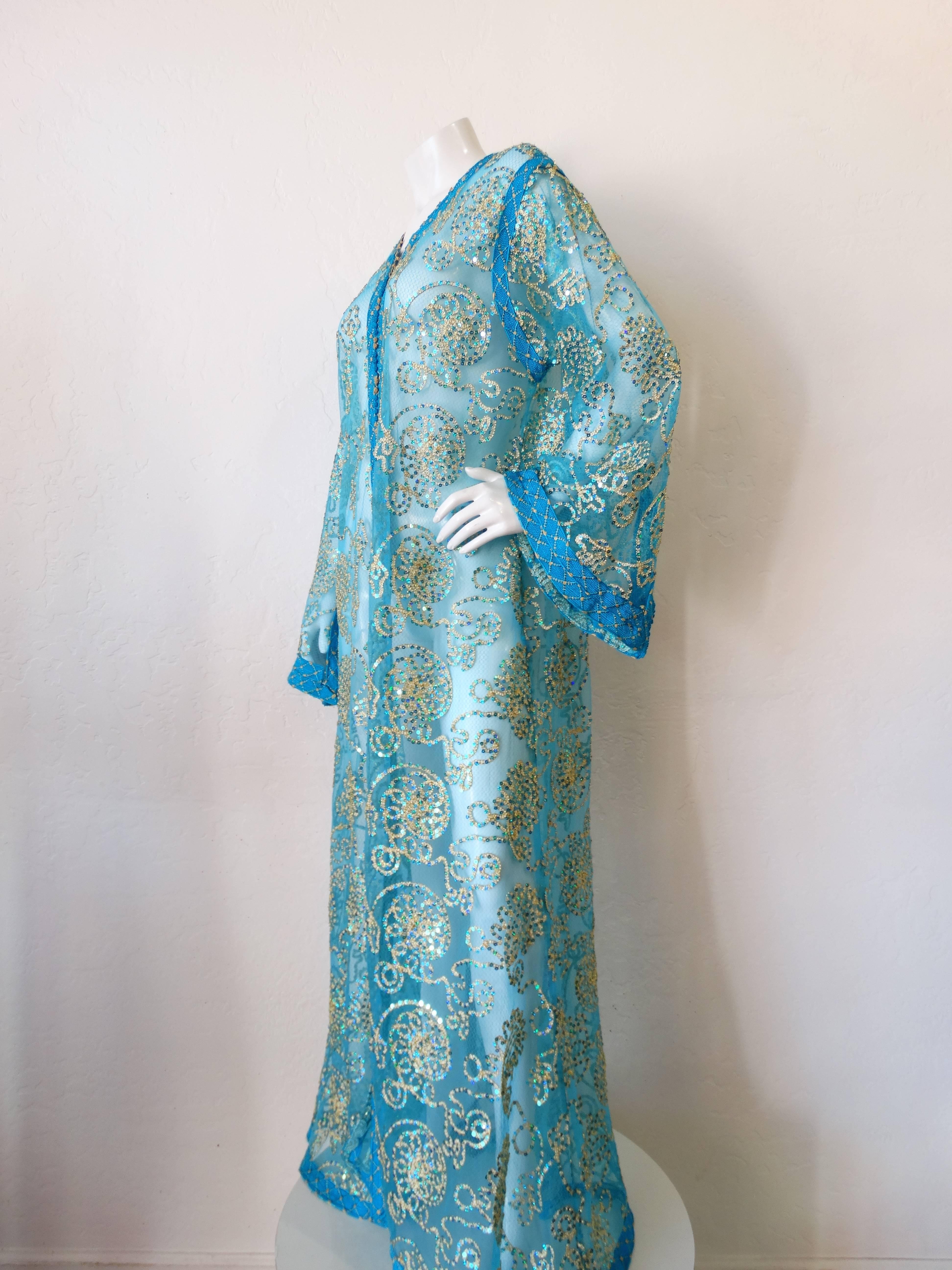 1970s Sheer Blue Super Model Length Sequin Kaftan Dress 5