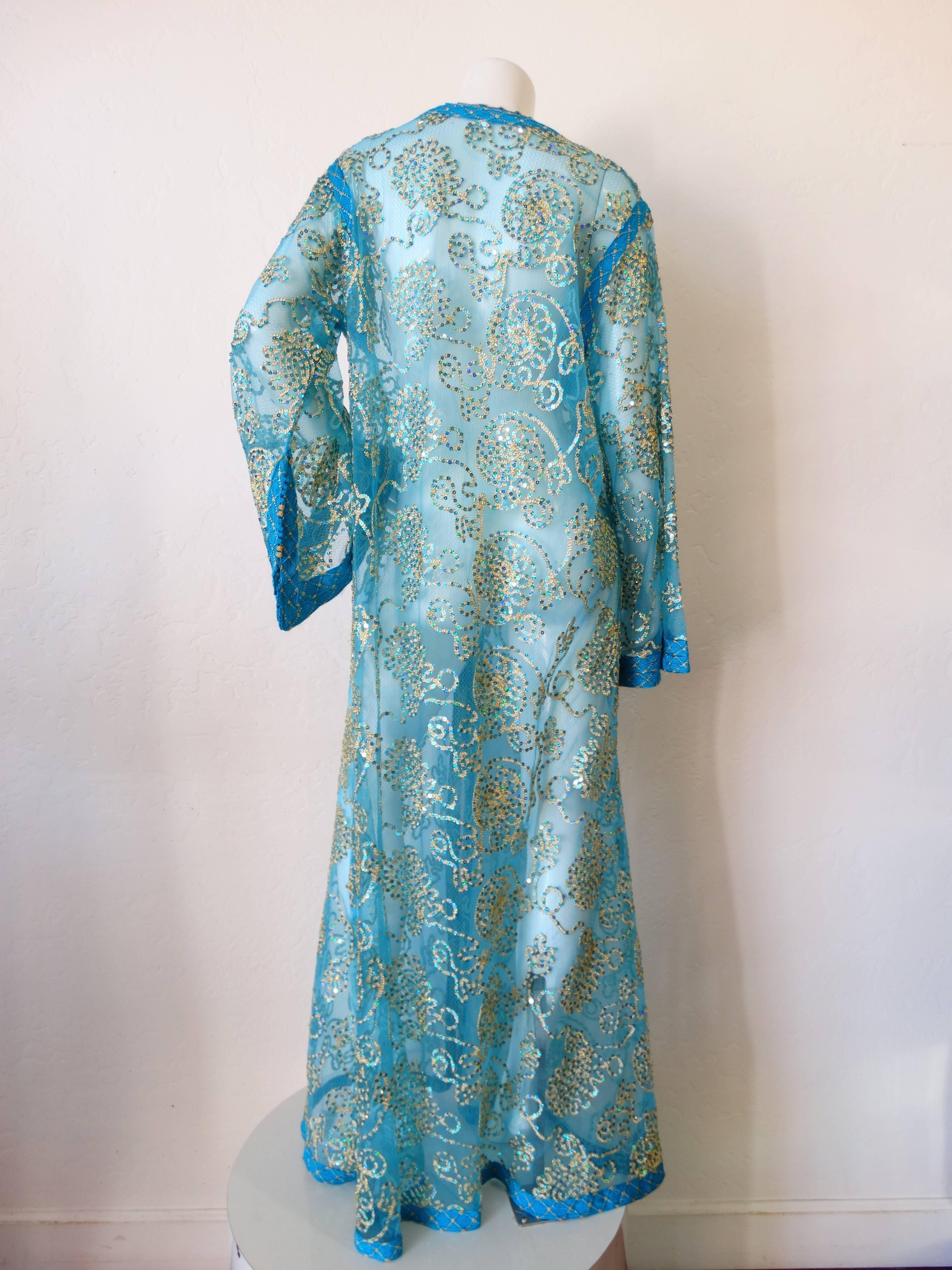 1970s Sheer Blue Super Model Length Sequin Kaftan Dress 4
