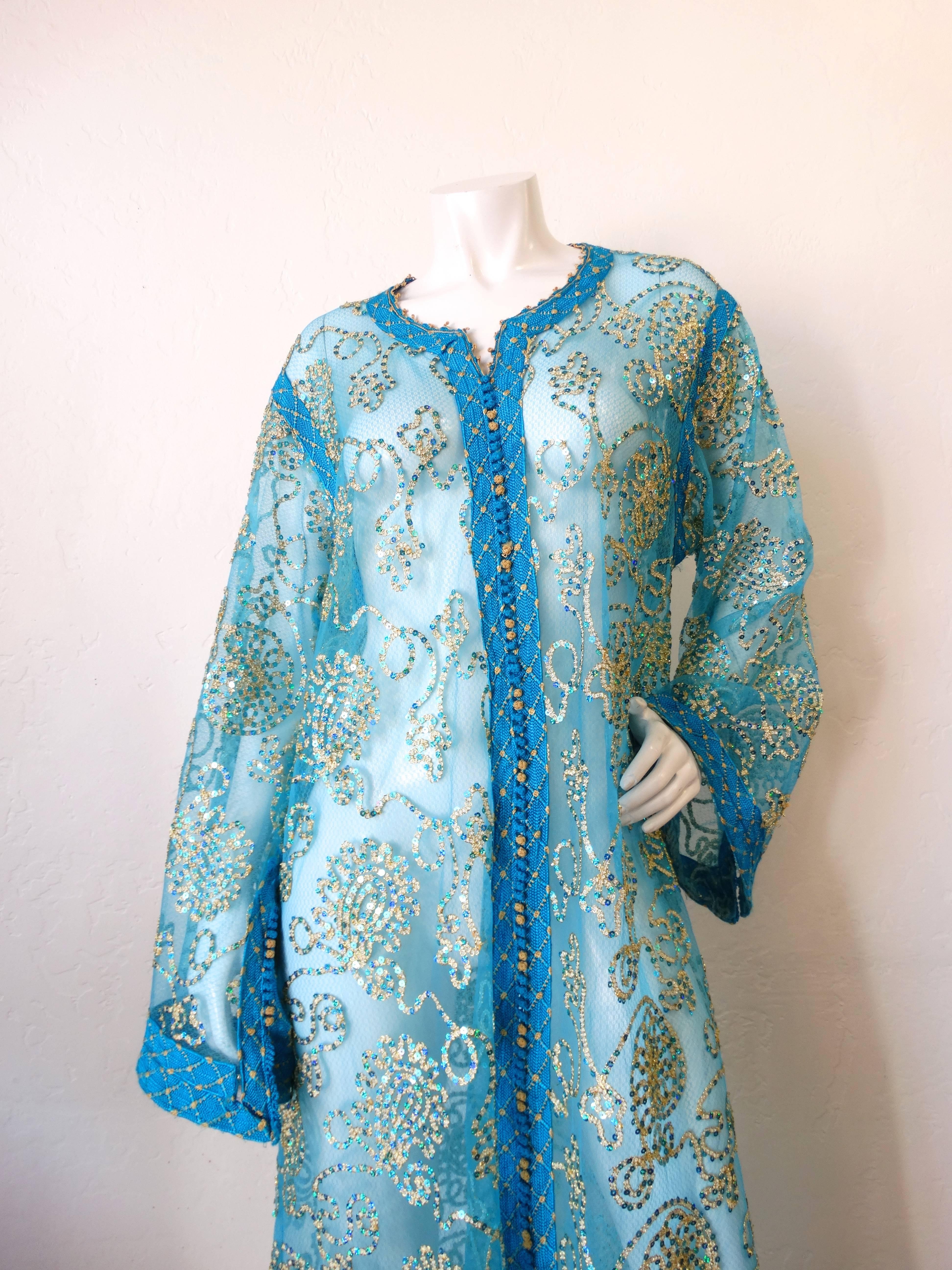 1970s Sheer Blue Super Model Length Sequin Kaftan Dress In Excellent Condition In Scottsdale, AZ