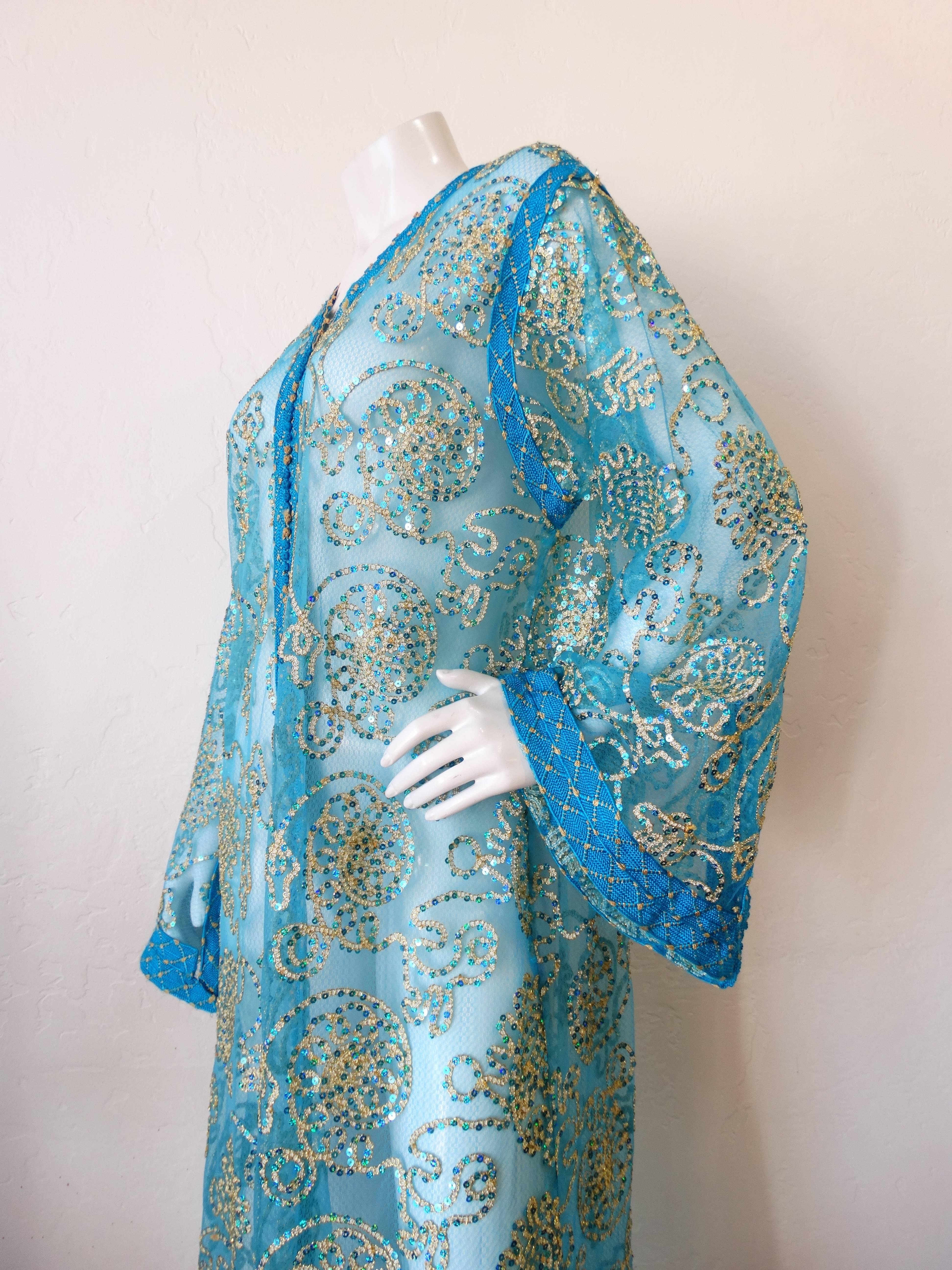 1970s Sheer Blue Super Model Length Sequin Kaftan Dress 6