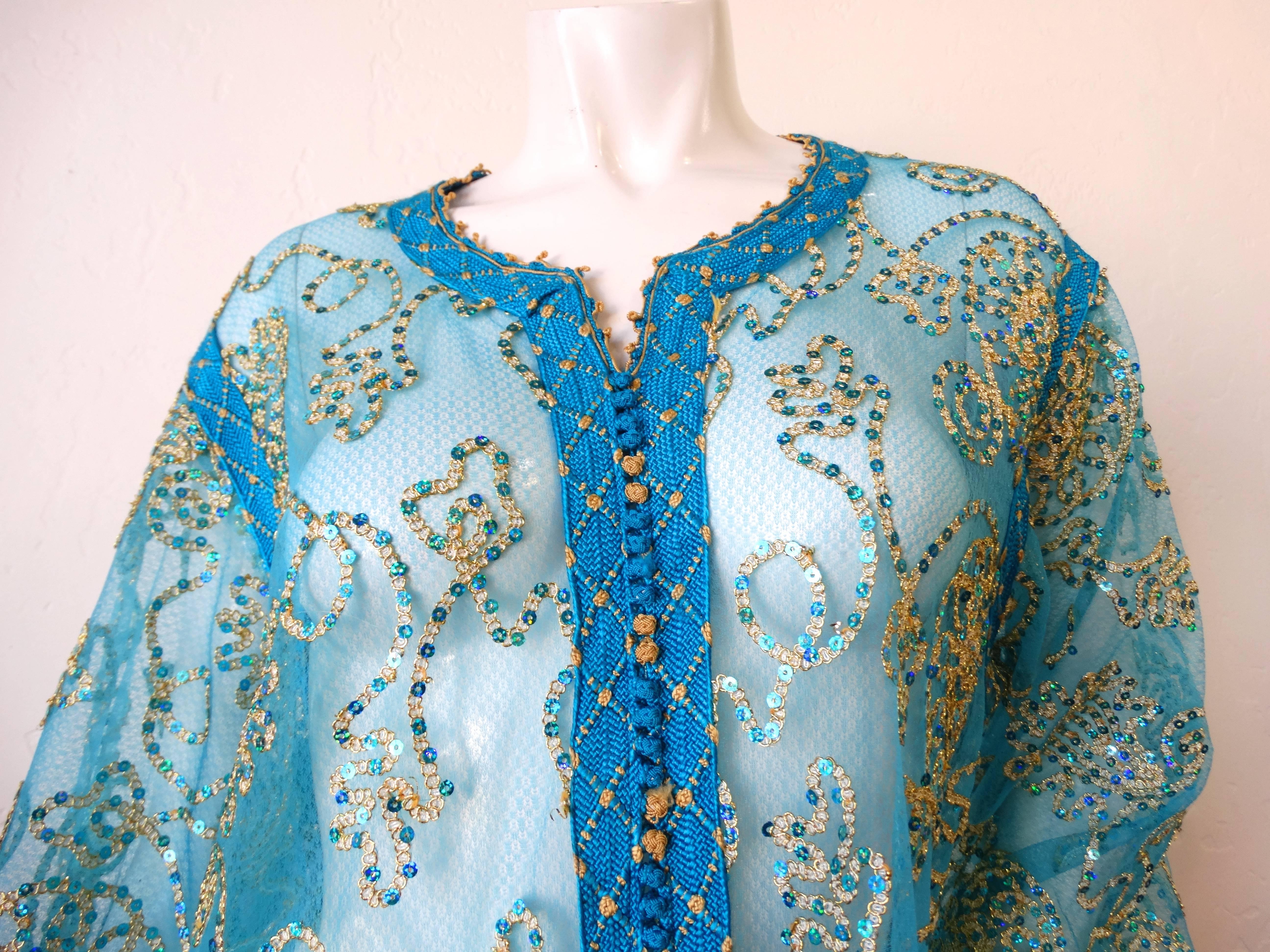 1970s Sheer Blue Super Model Length Sequin Kaftan Dress 1