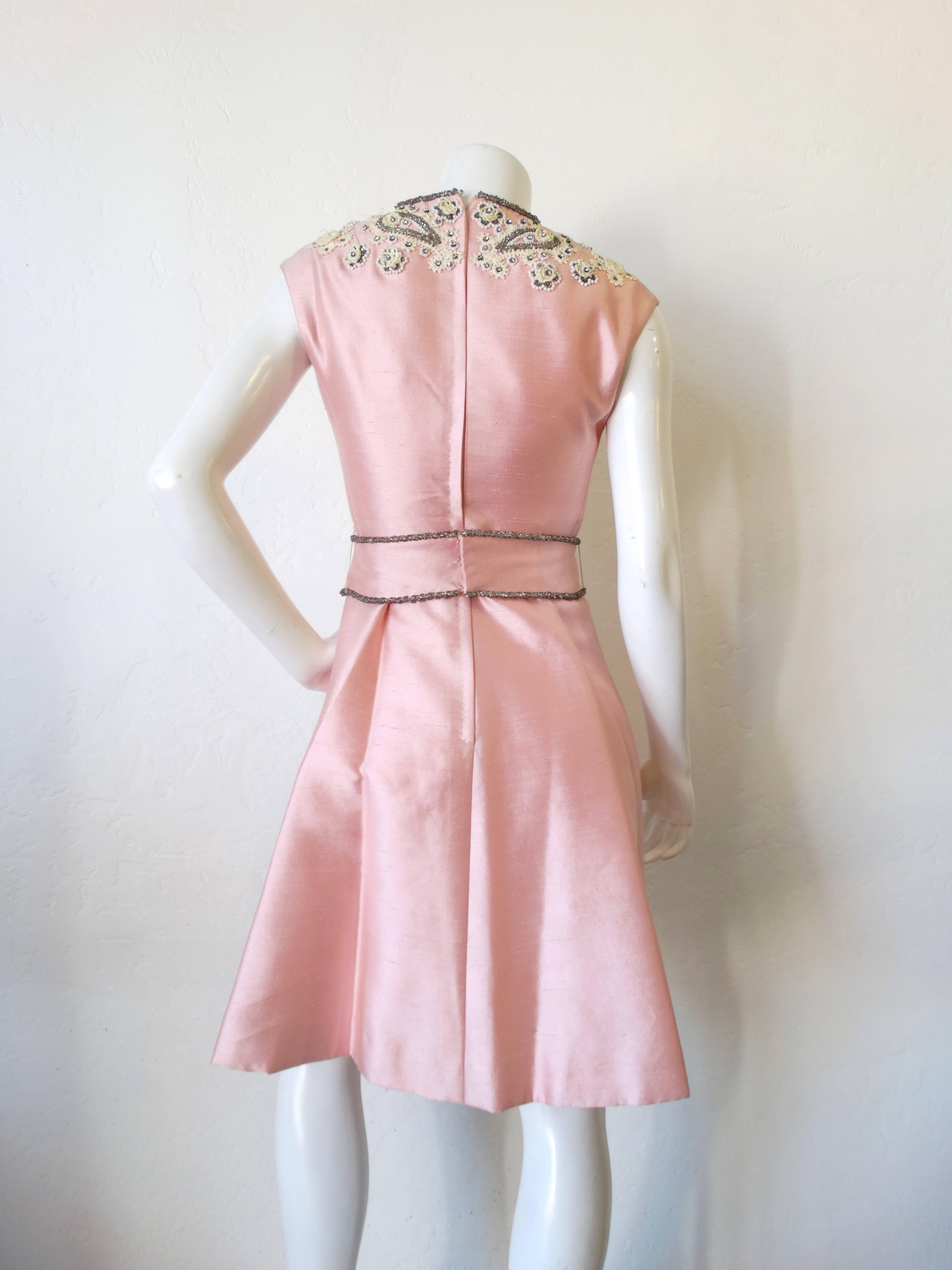 Beige 1960s Pink Silk Beaded Rhinestone Tailored Dress