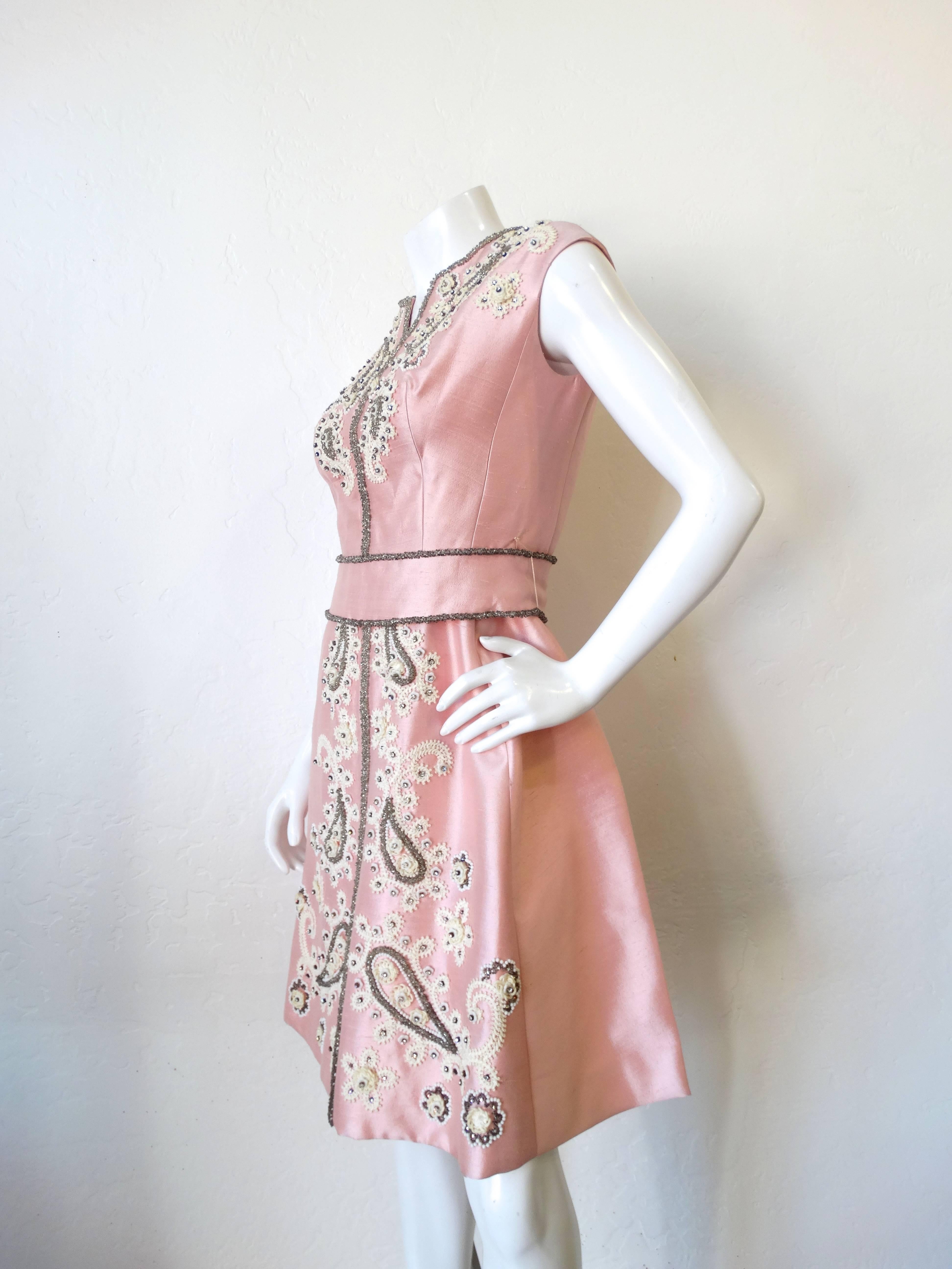 1960s Pink Silk Beaded Rhinestone Tailored Dress In Excellent Condition In Scottsdale, AZ