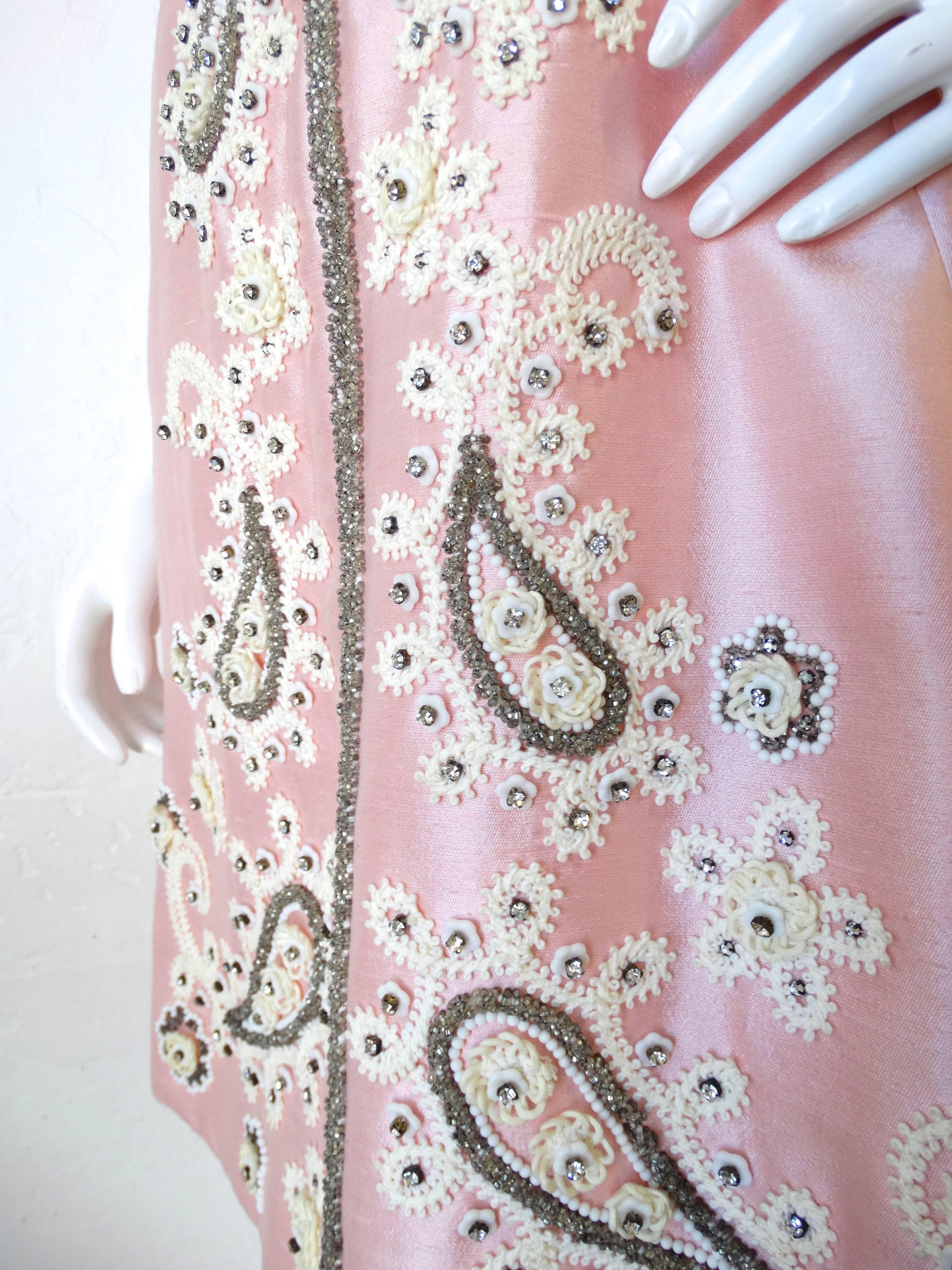 Women's 1960s Pink Silk Beaded Rhinestone Tailored Dress