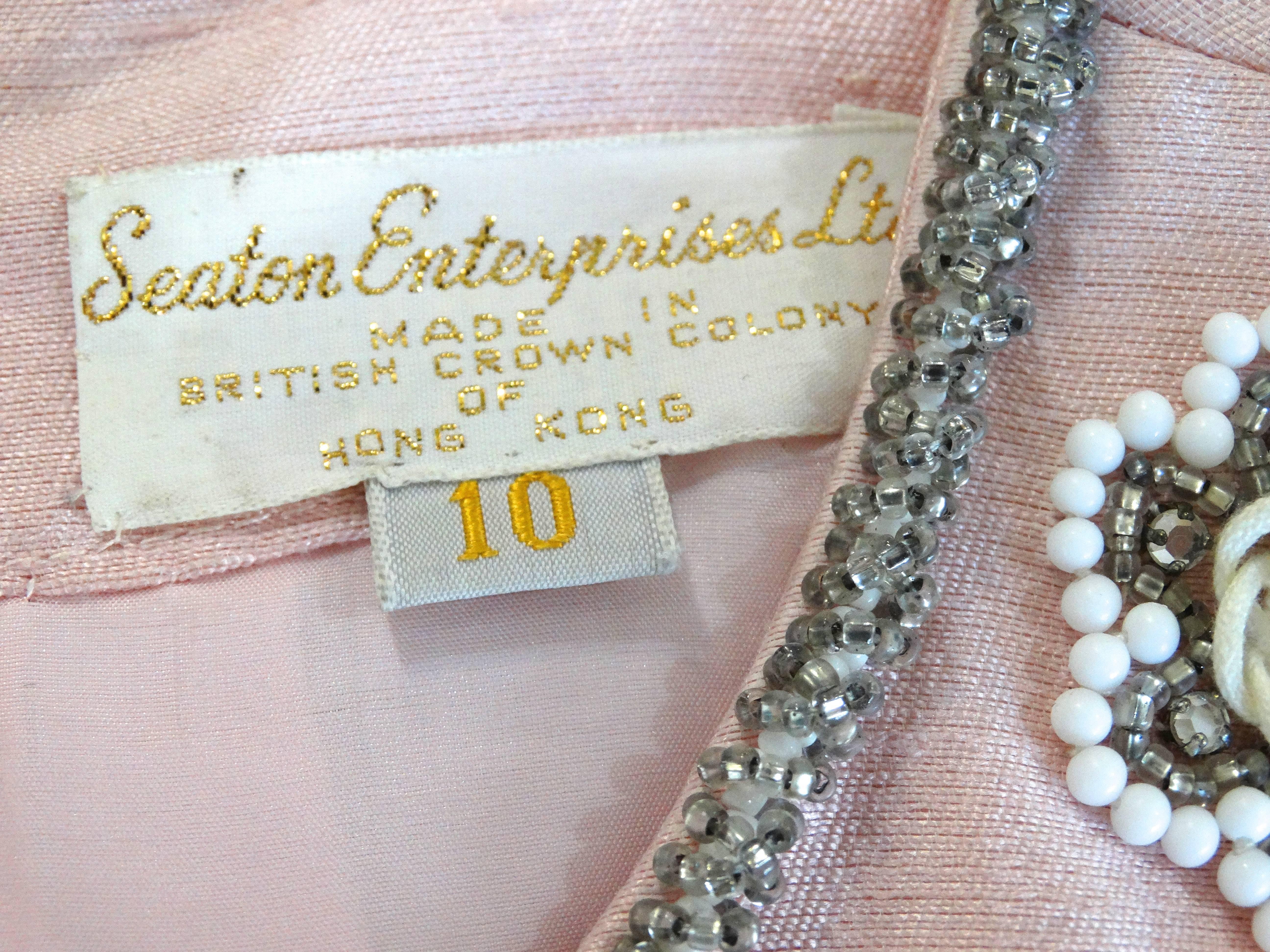 1960s Pink Silk Beaded Rhinestone Tailored Dress 1