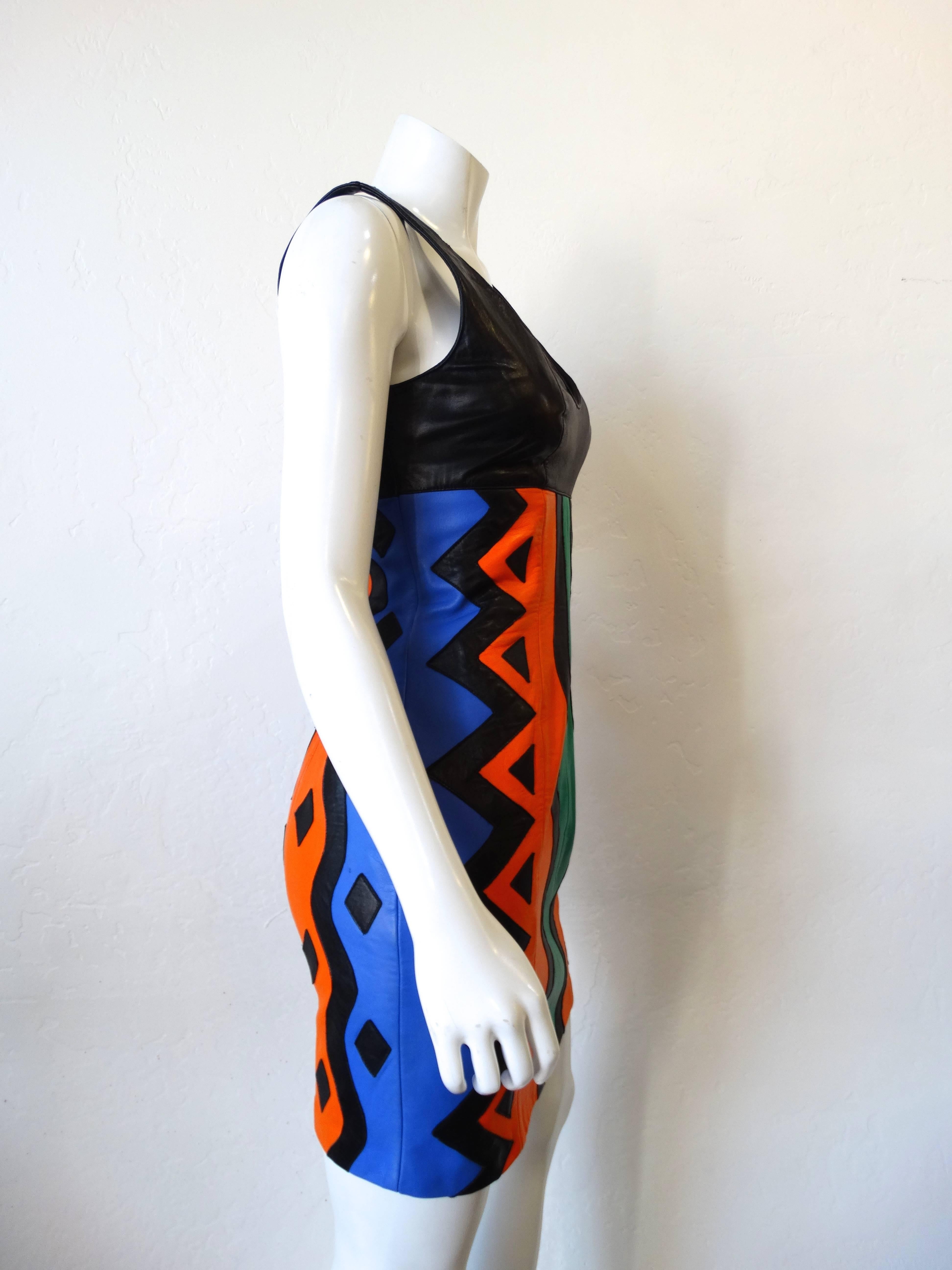 Michael Hoban Tribal Leather Tank Dress, 1980s  In Excellent Condition For Sale In Scottsdale, AZ