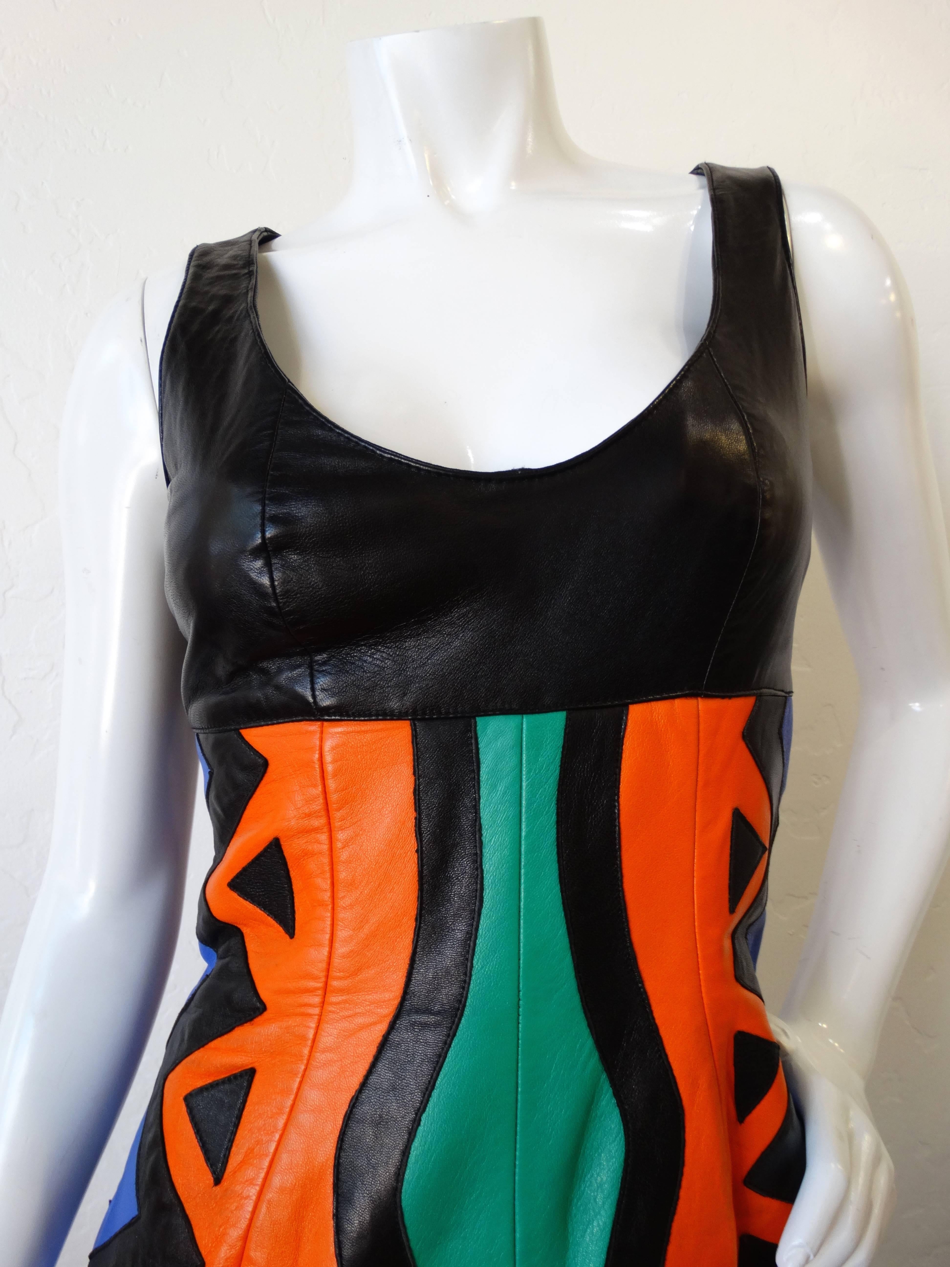 Orange Michael Hoban Tribal Leather Tank Dress, 1980s  For Sale