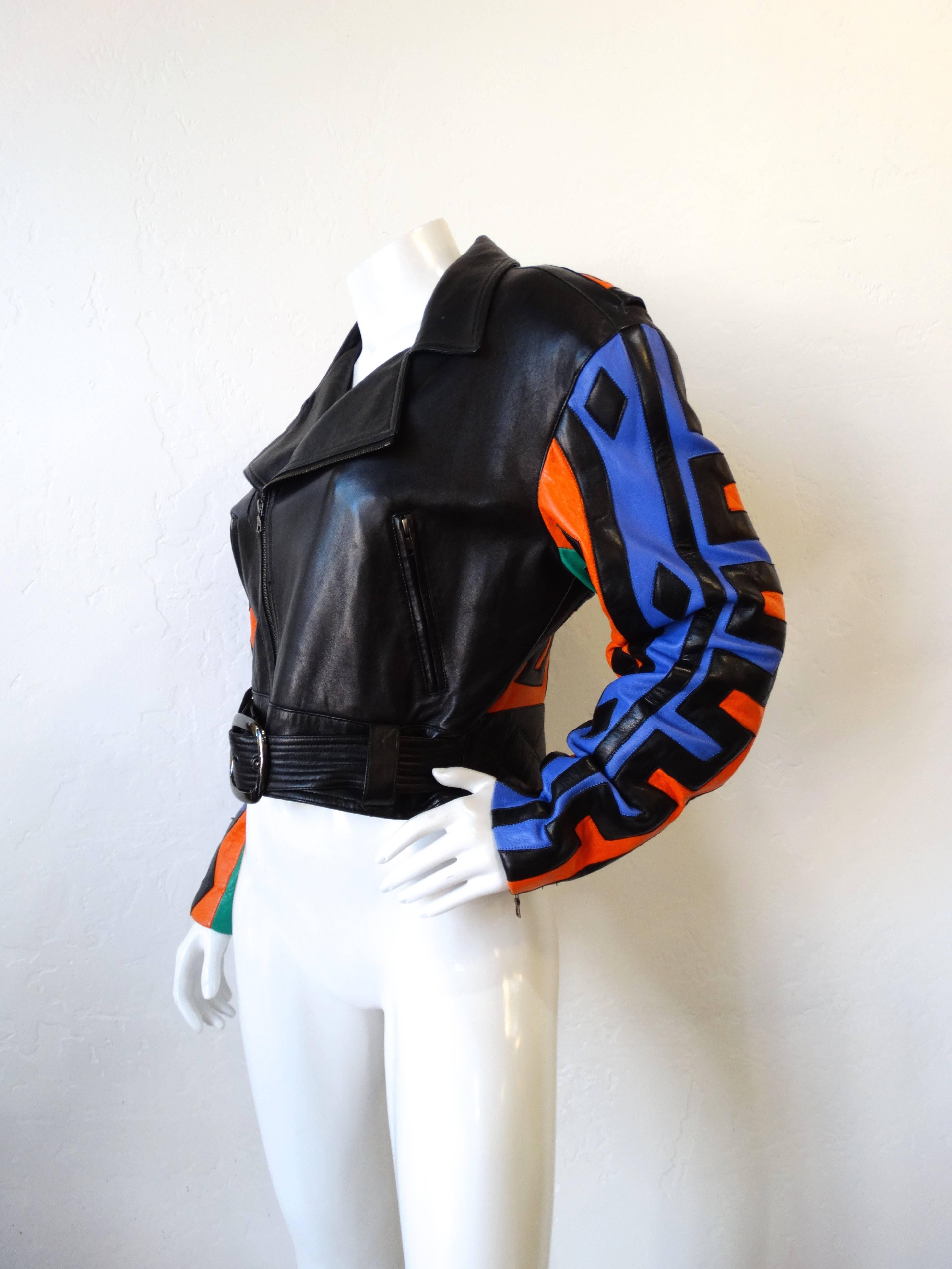 Black Michael Hoban Tribal Leather Motorcycle Jacket, 