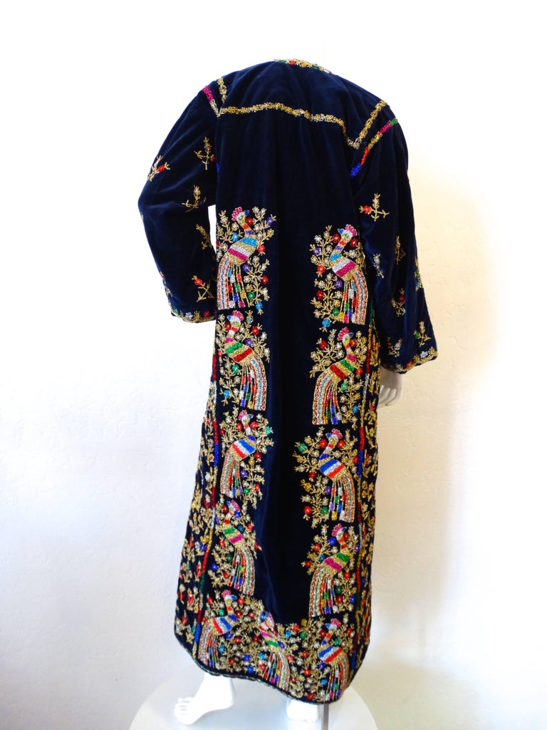 1970s Peacock Hand Embroidered Velvet Kaftan Dress at 1stDibs