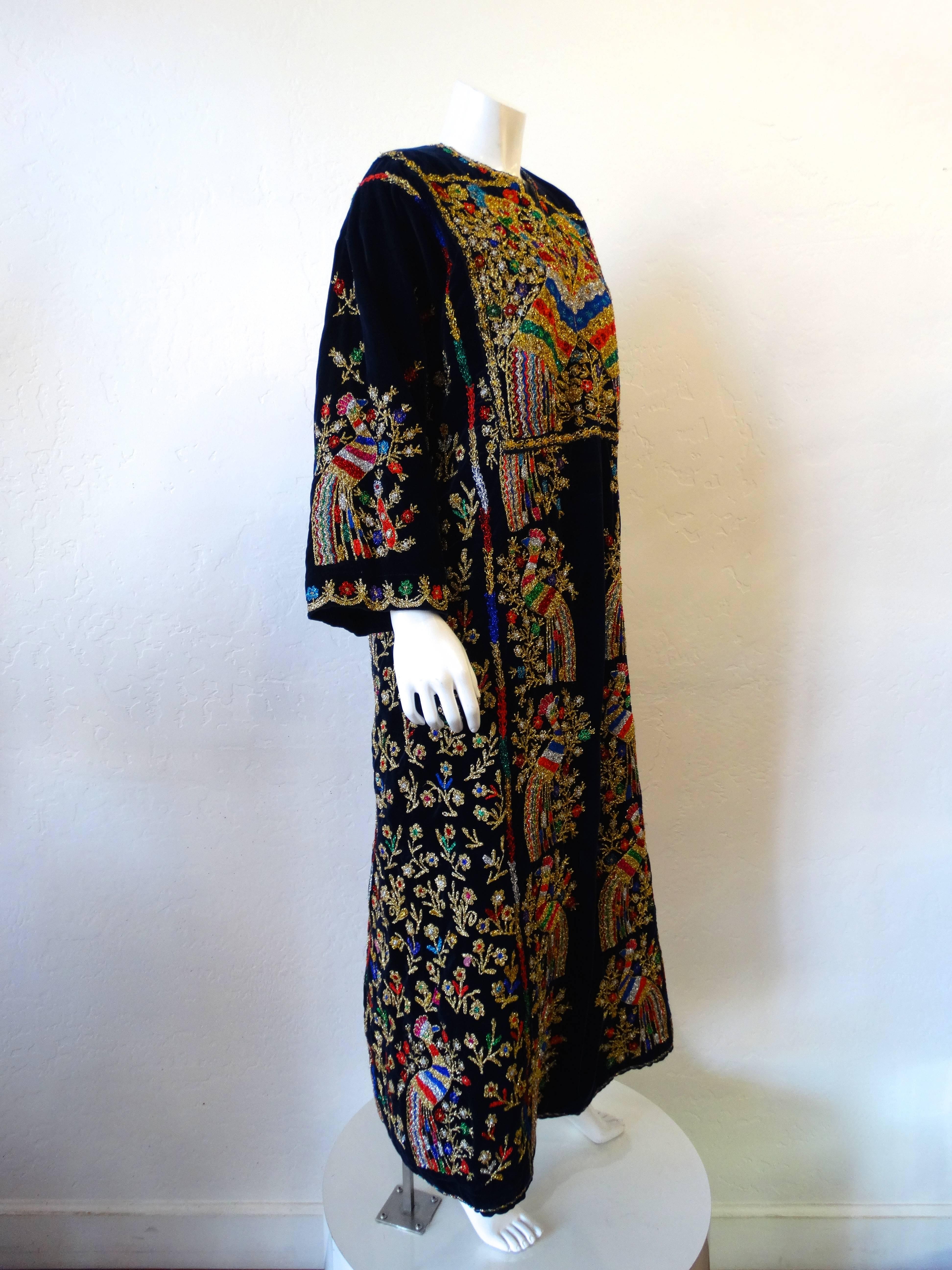 1970s Peacock Hand Embroidered Velvet Kaftan Dress 2