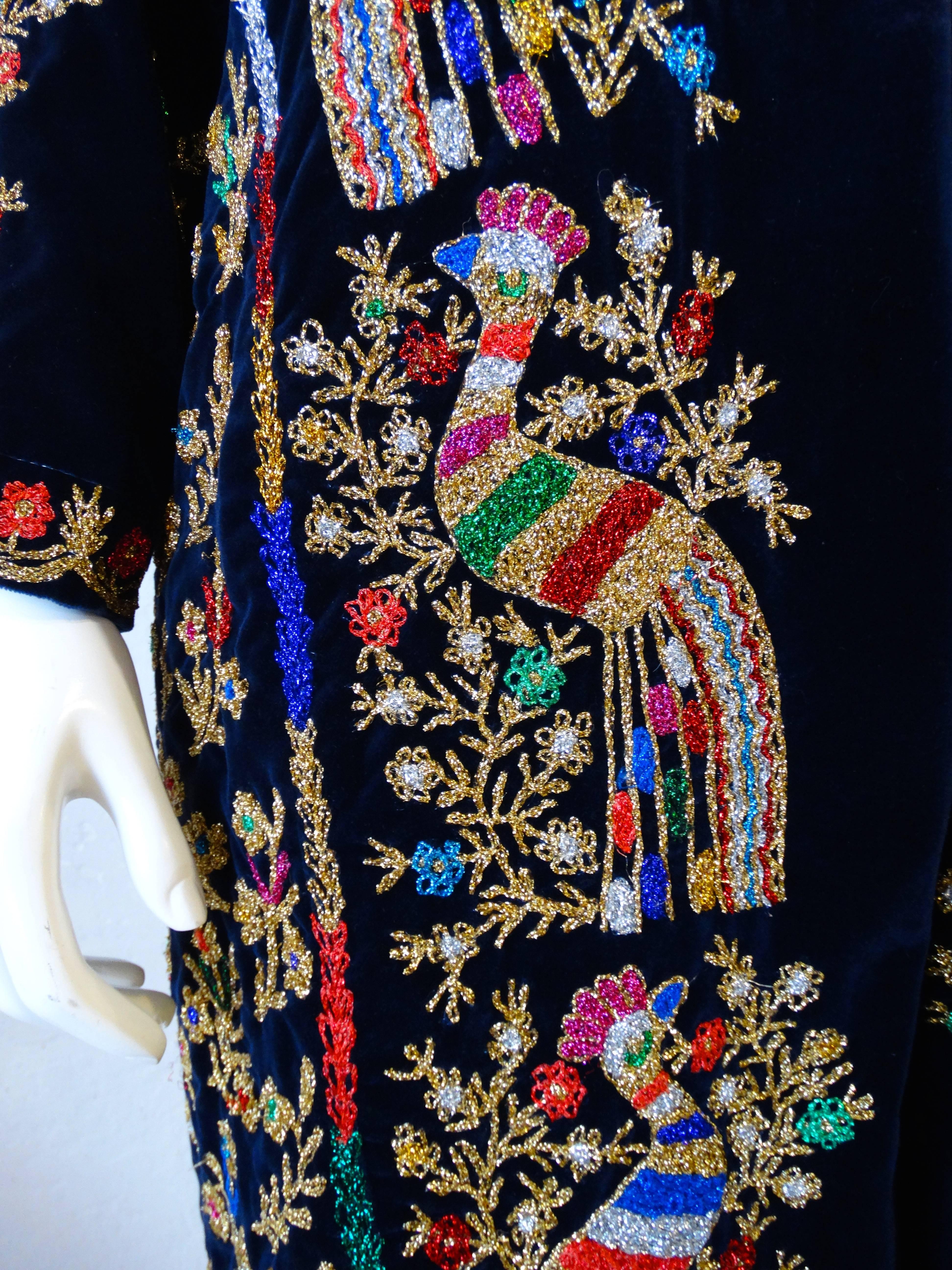 1970s Peacock Hand Embroidered Velvet Kaftan Dress In Excellent Condition In Scottsdale, AZ