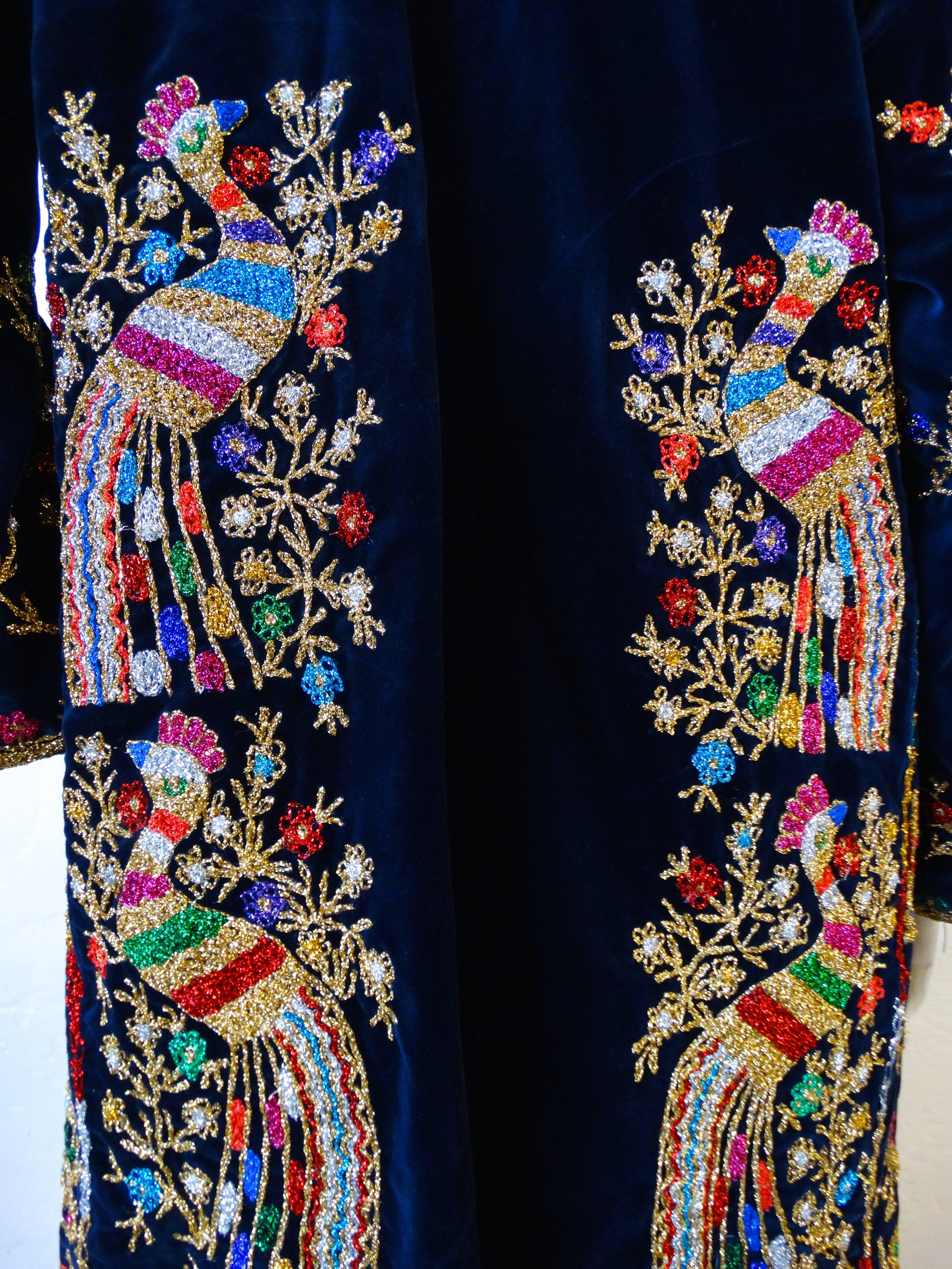 1970s Peacock Hand Embroidered Velvet Kaftan Dress 4