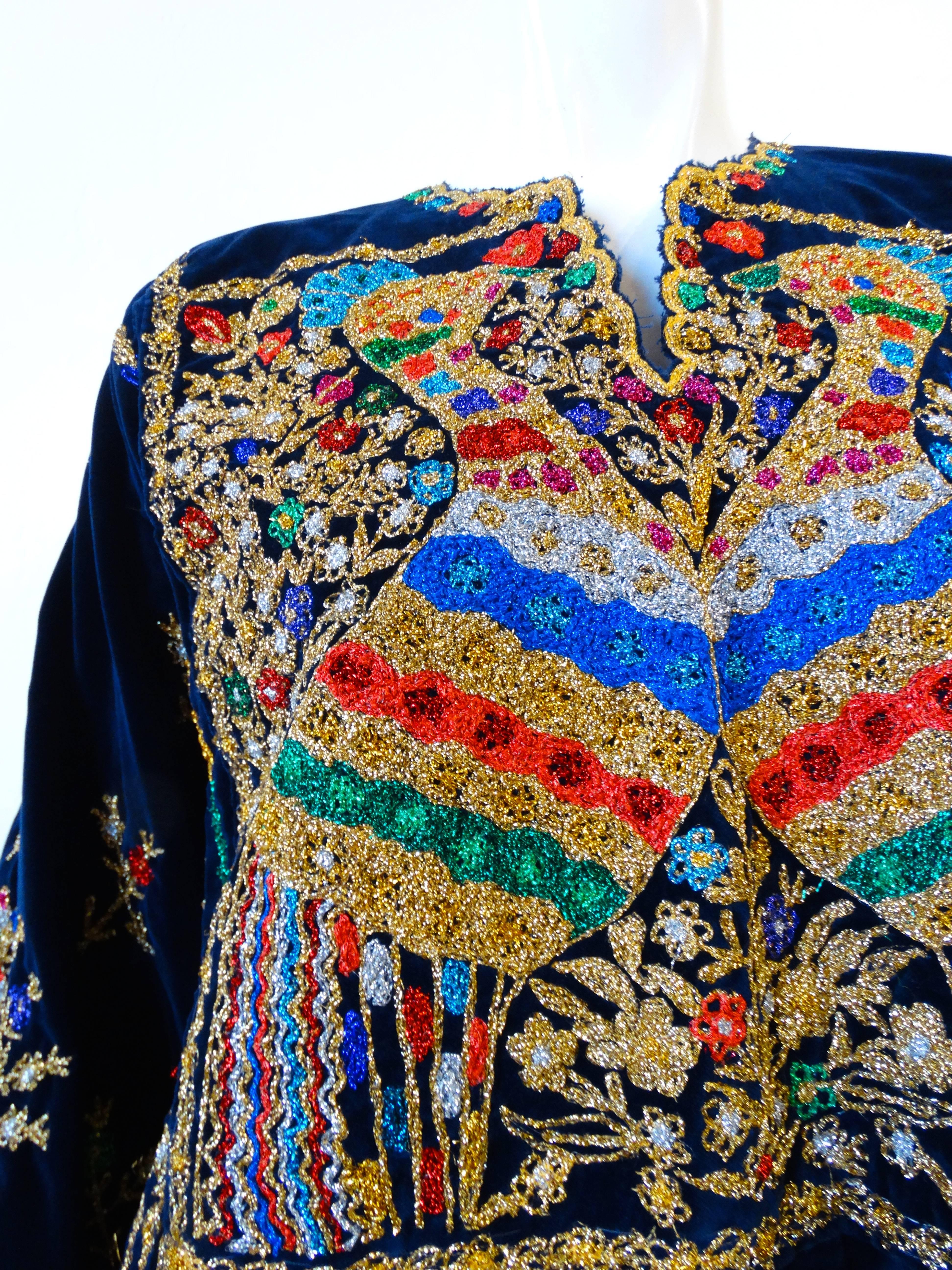 Black 1970s Peacock Hand Embroidered Velvet Kaftan Dress