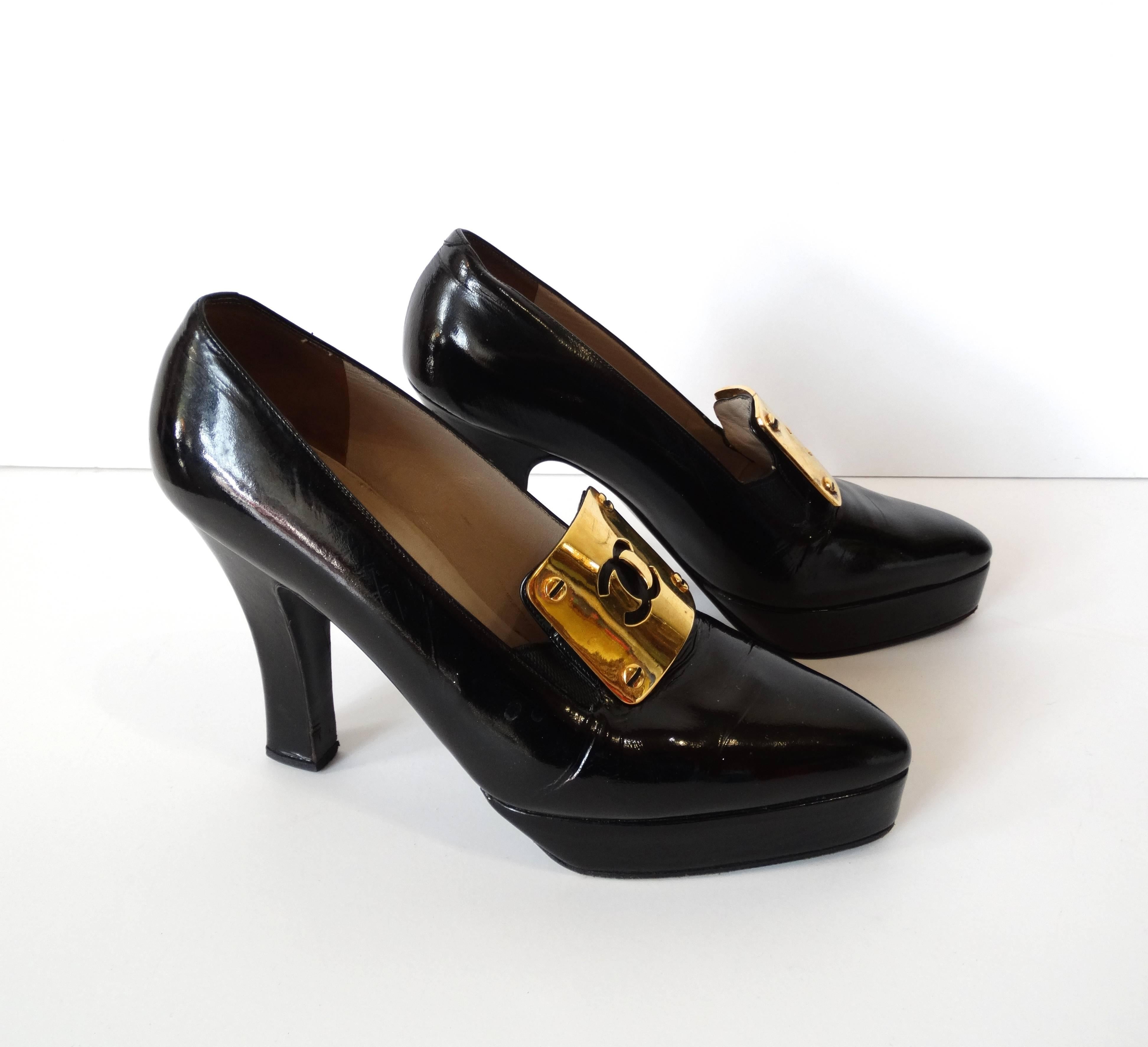 Black 1990s Chanel Patent Leather Platform Pumps