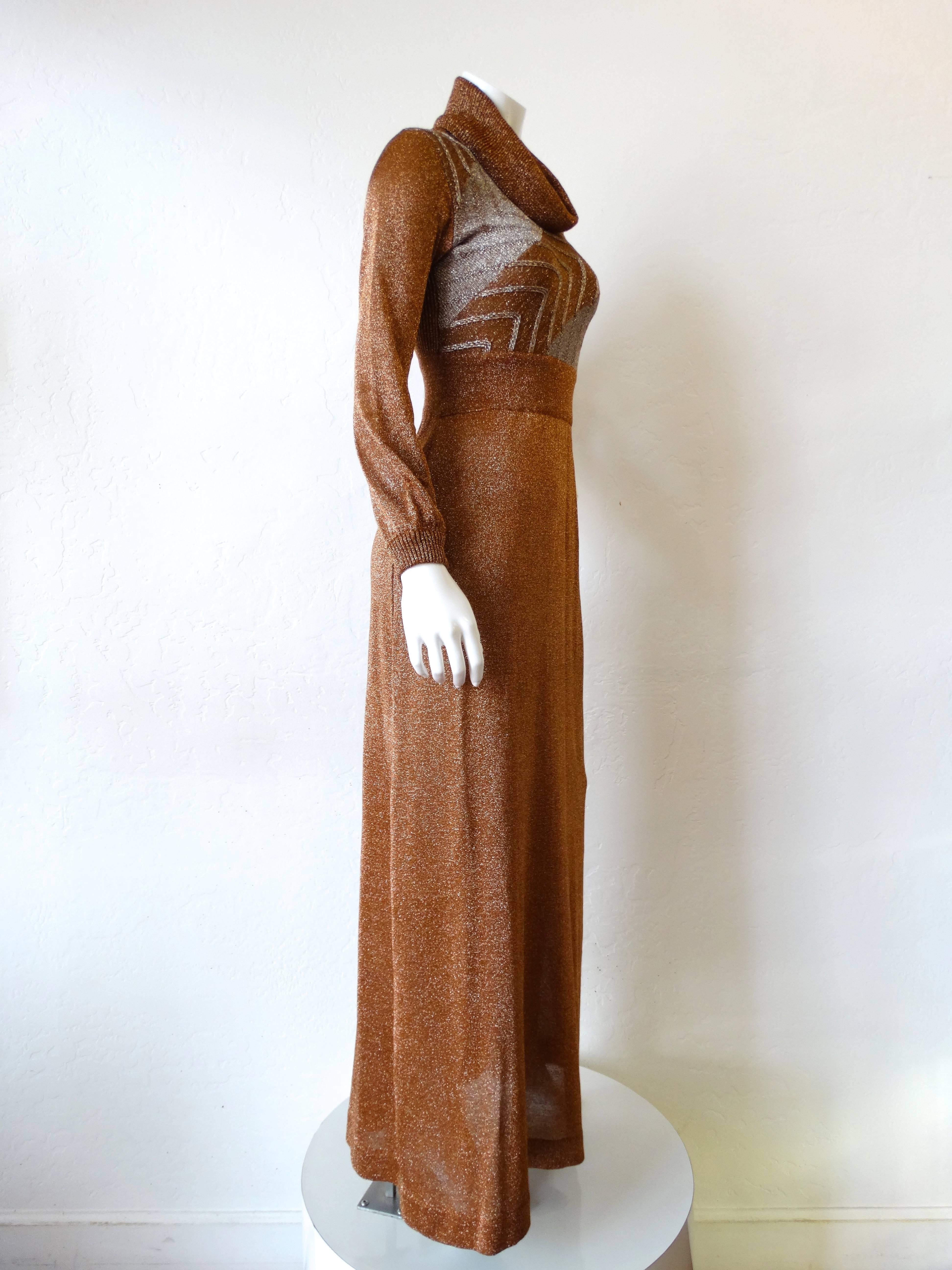 Brown 1970s Wenjilli Metallic Lurex Maxi Gown