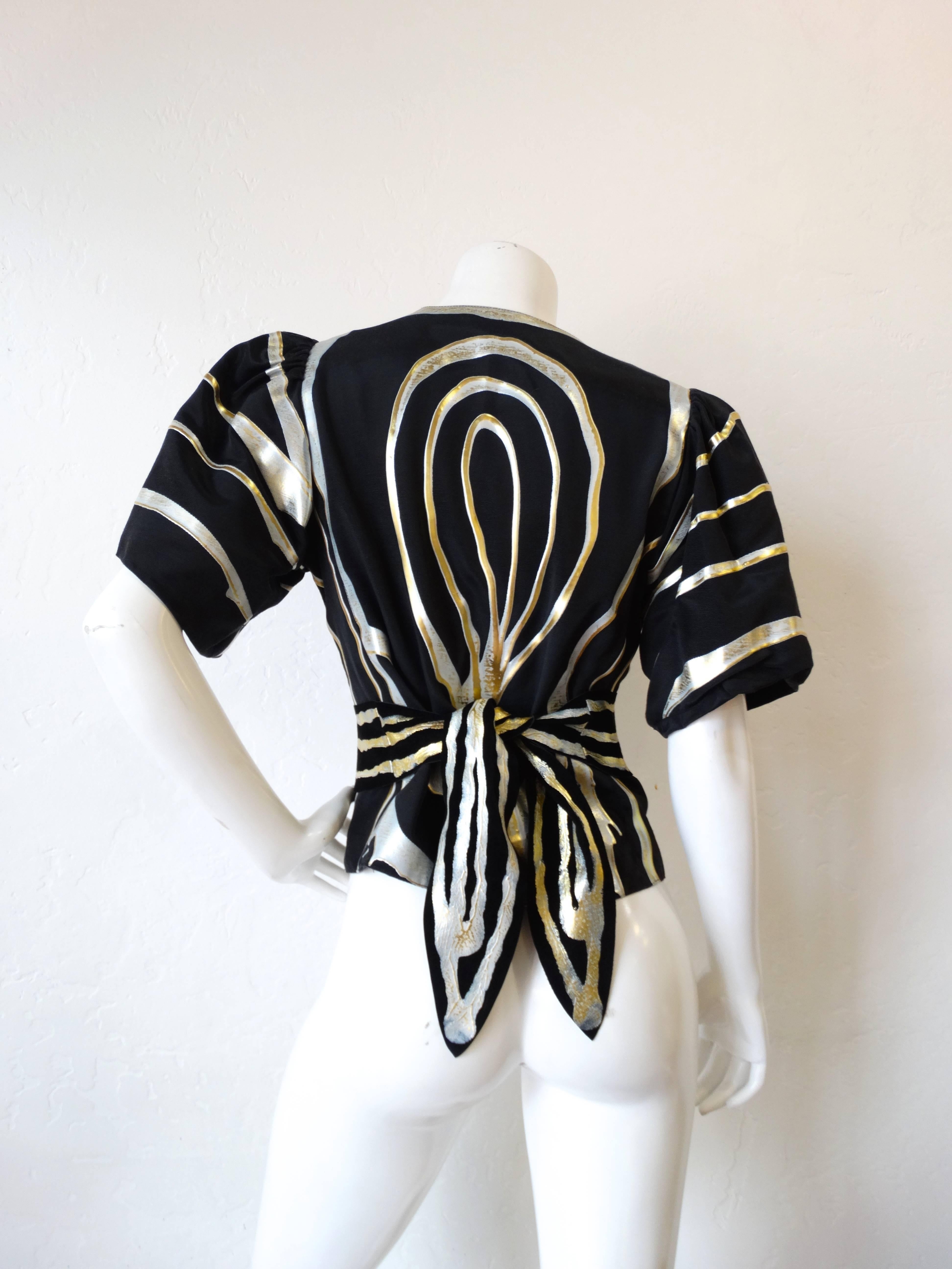 Black 1980s  I. Magnin Hand-Painted Striped Blouse