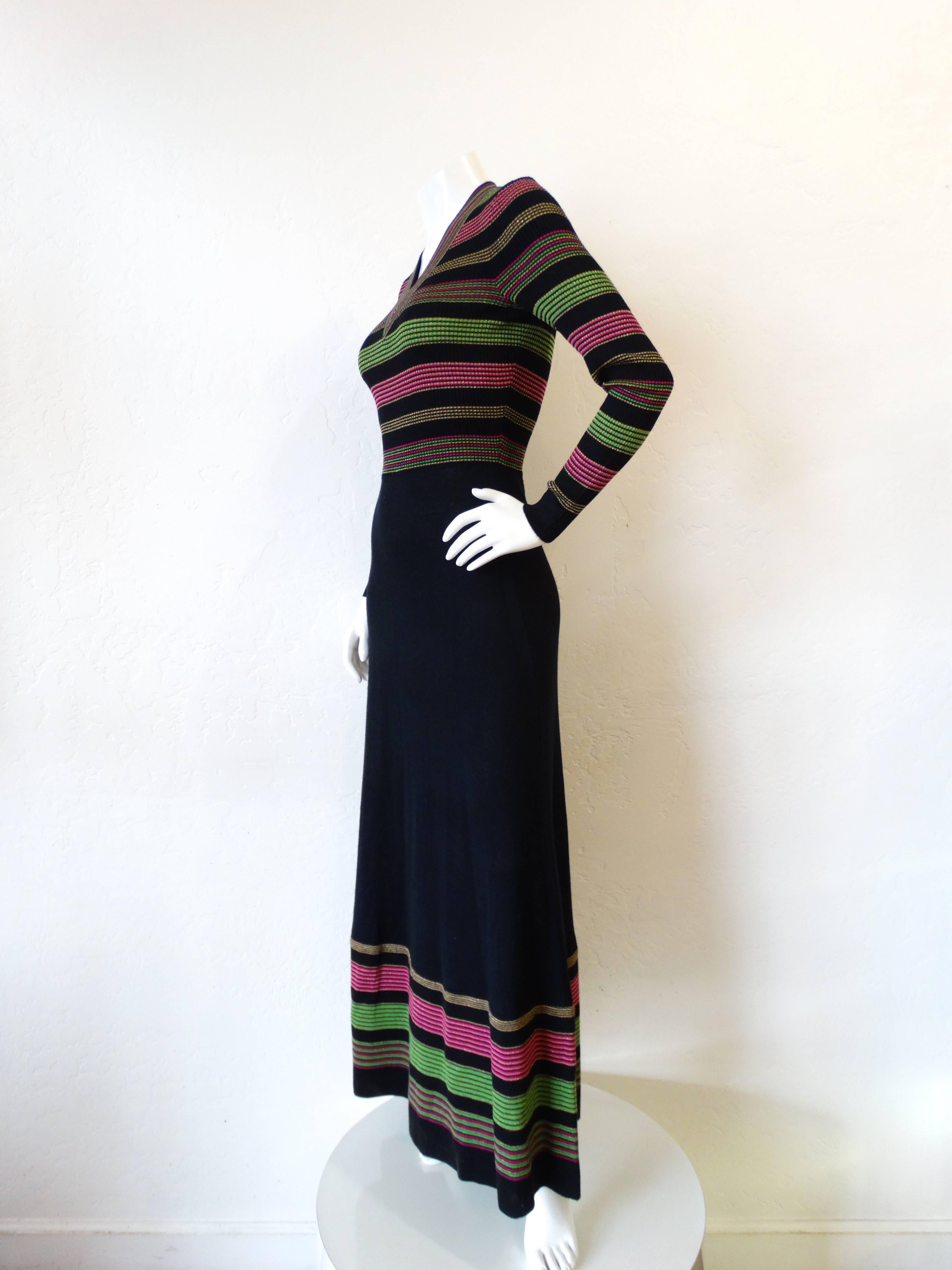 Black 1970s Saks Fifth Avenue Lurex Knit Striped Dress