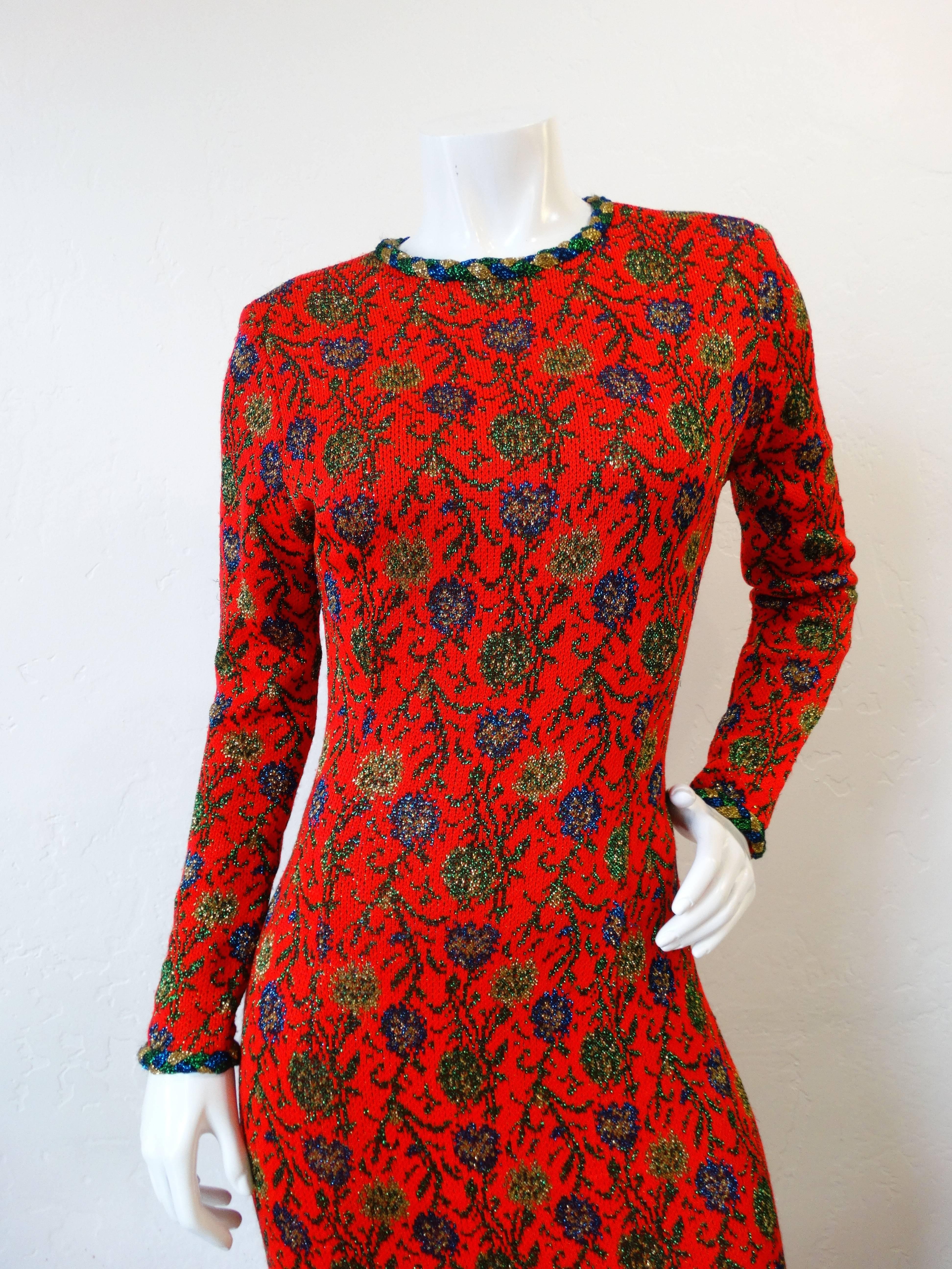 We are lurex obsessed this season! Snag yourself some lurex goodness with out 1970s floral knit maxi dress! Soft and sparkling lurex knit in a red based floral pattern. Stretchy fit allows for a range of sizes to enjoy this piece, though it looks