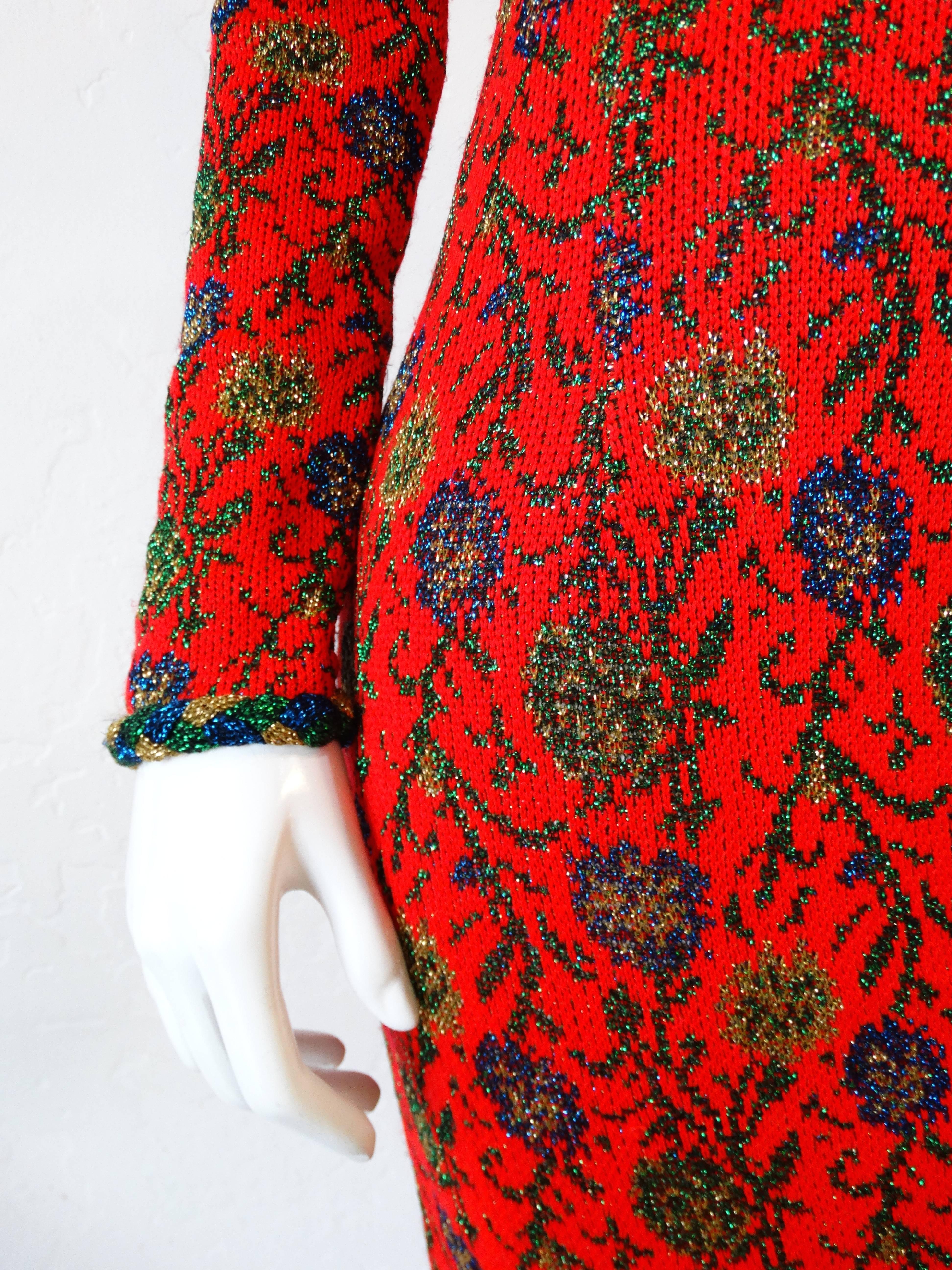 Red 1970s Lurex Floral Maxi Dress 