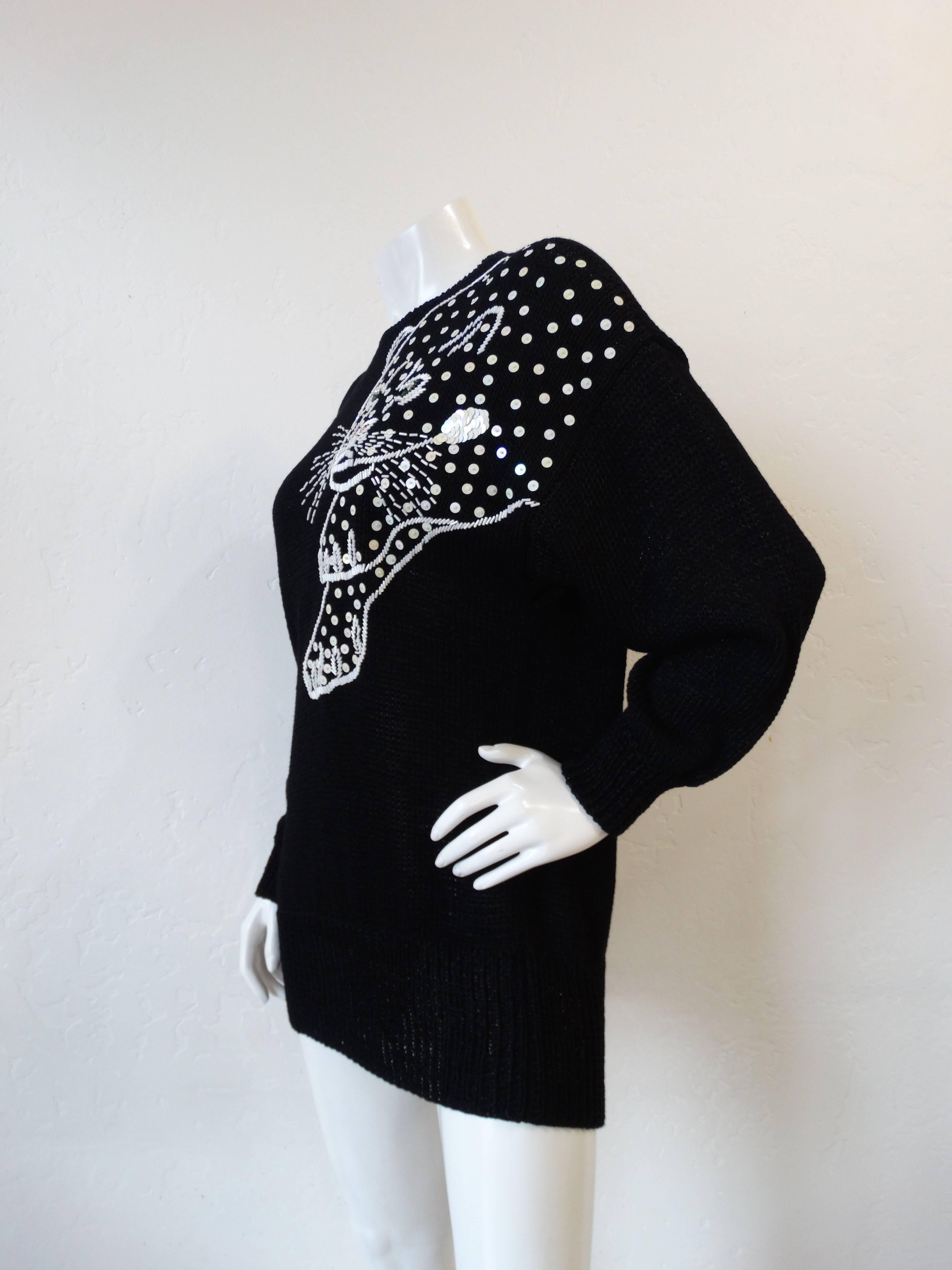 1980s Sequin Jaguar Black Knit Sweater 1