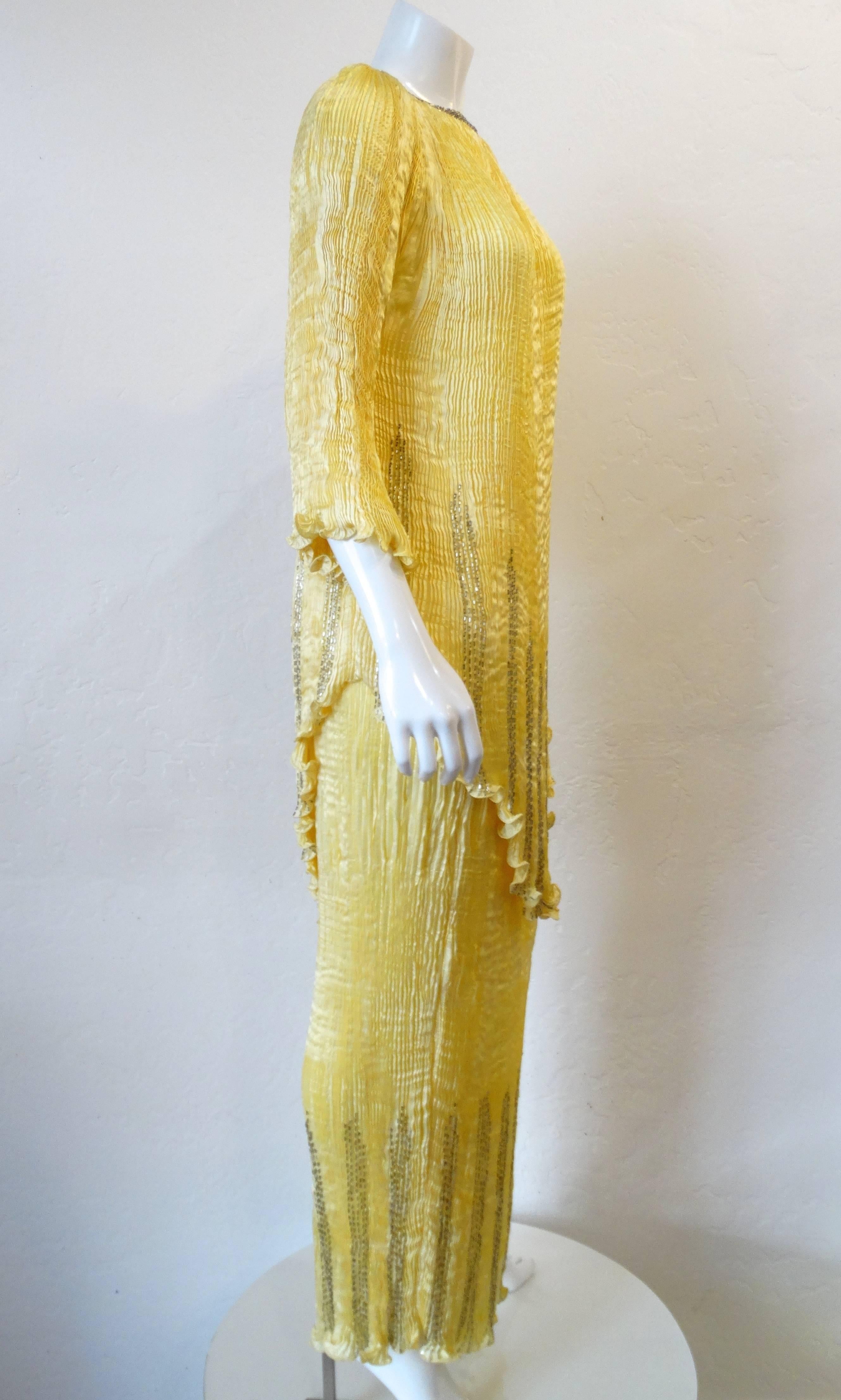 1980s Patricia Lester Yellow Fortuny Micro-Pleated Skirt and Top Set  In Excellent Condition In Scottsdale, AZ