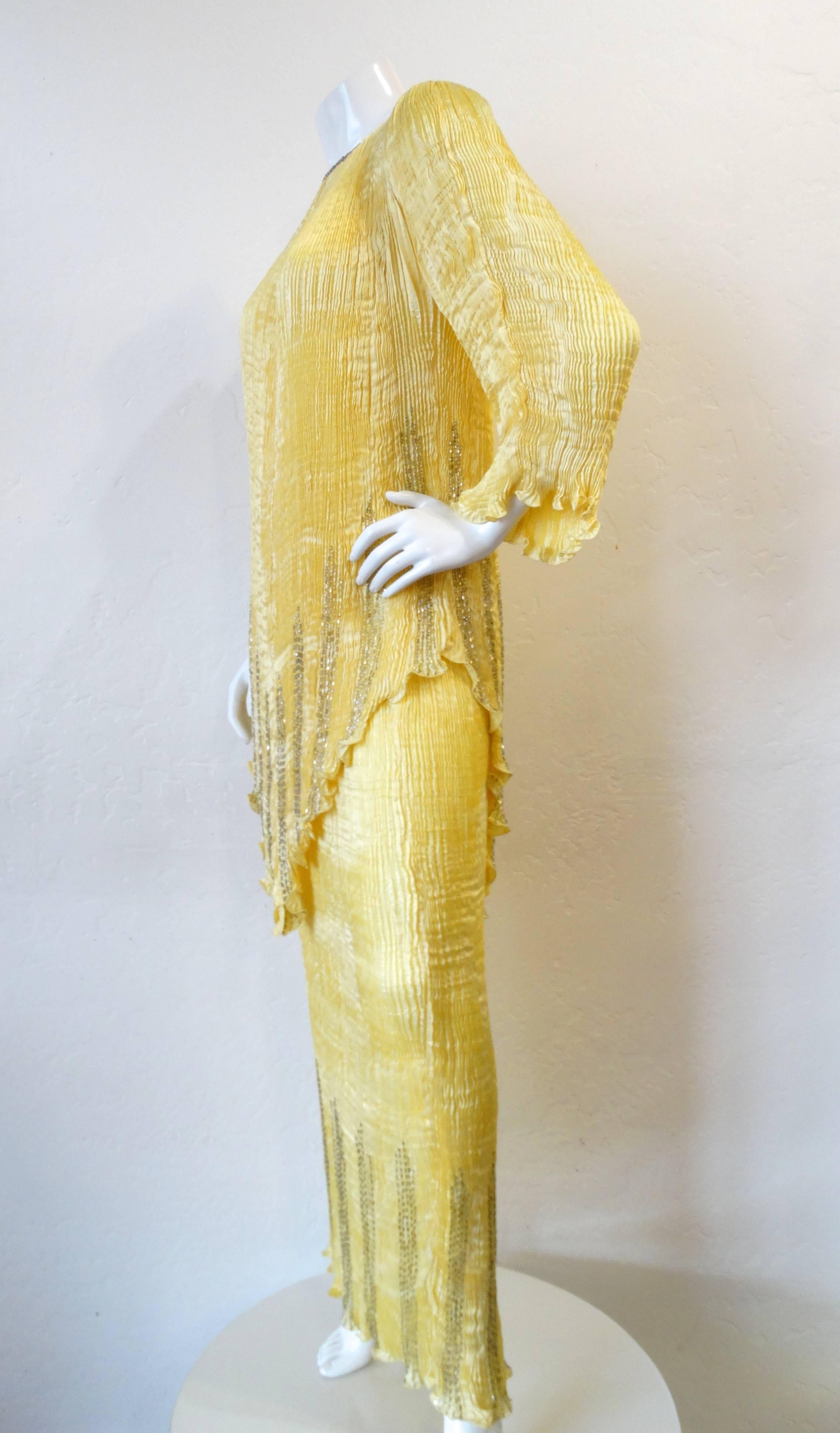 1980s Patricia Lester Yellow Fortuny Micro-Pleated Skirt and Top Set  2