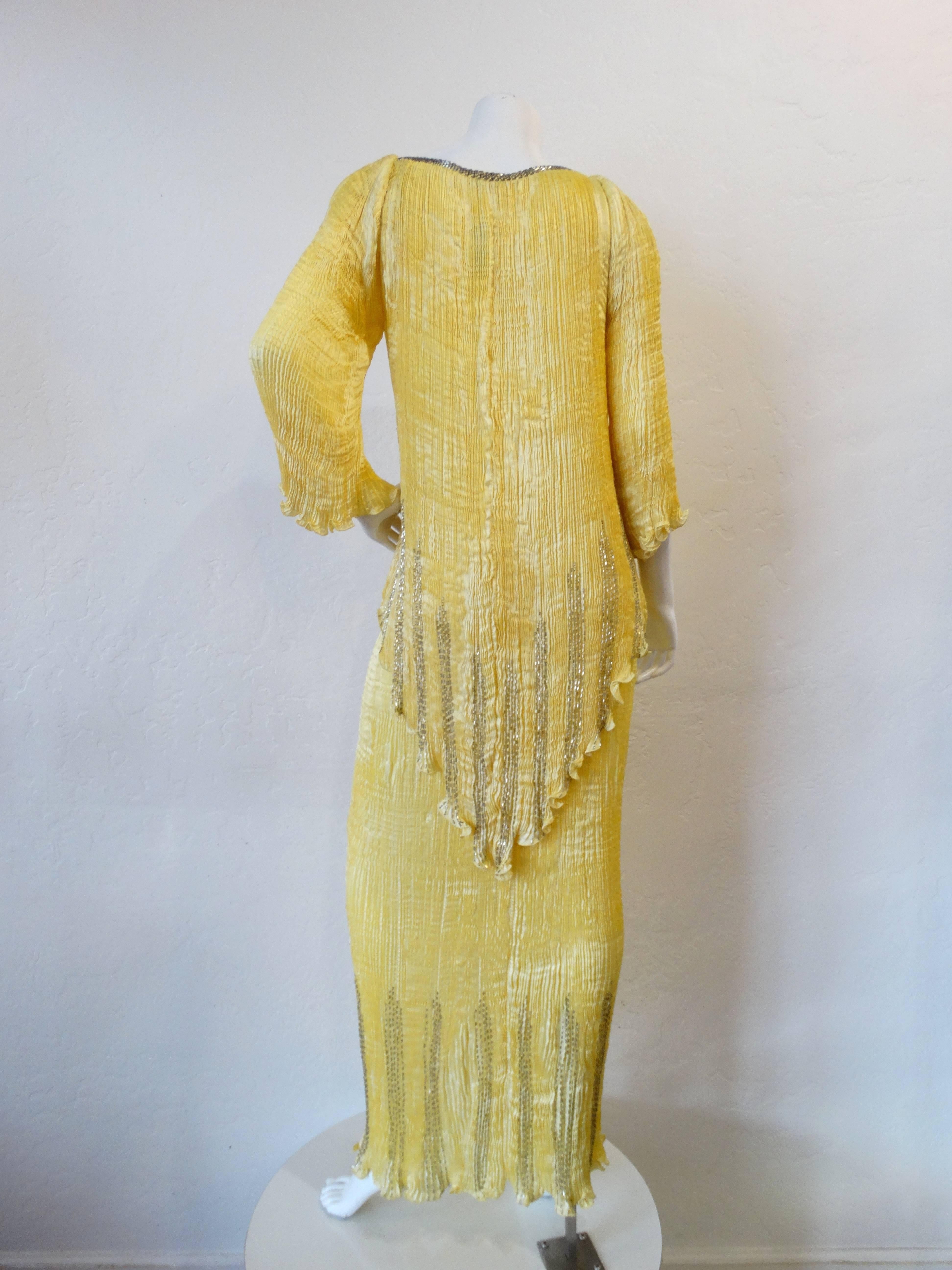 Women's 1980s Patricia Lester Yellow Fortuny Micro-Pleated Skirt and Top Set 
