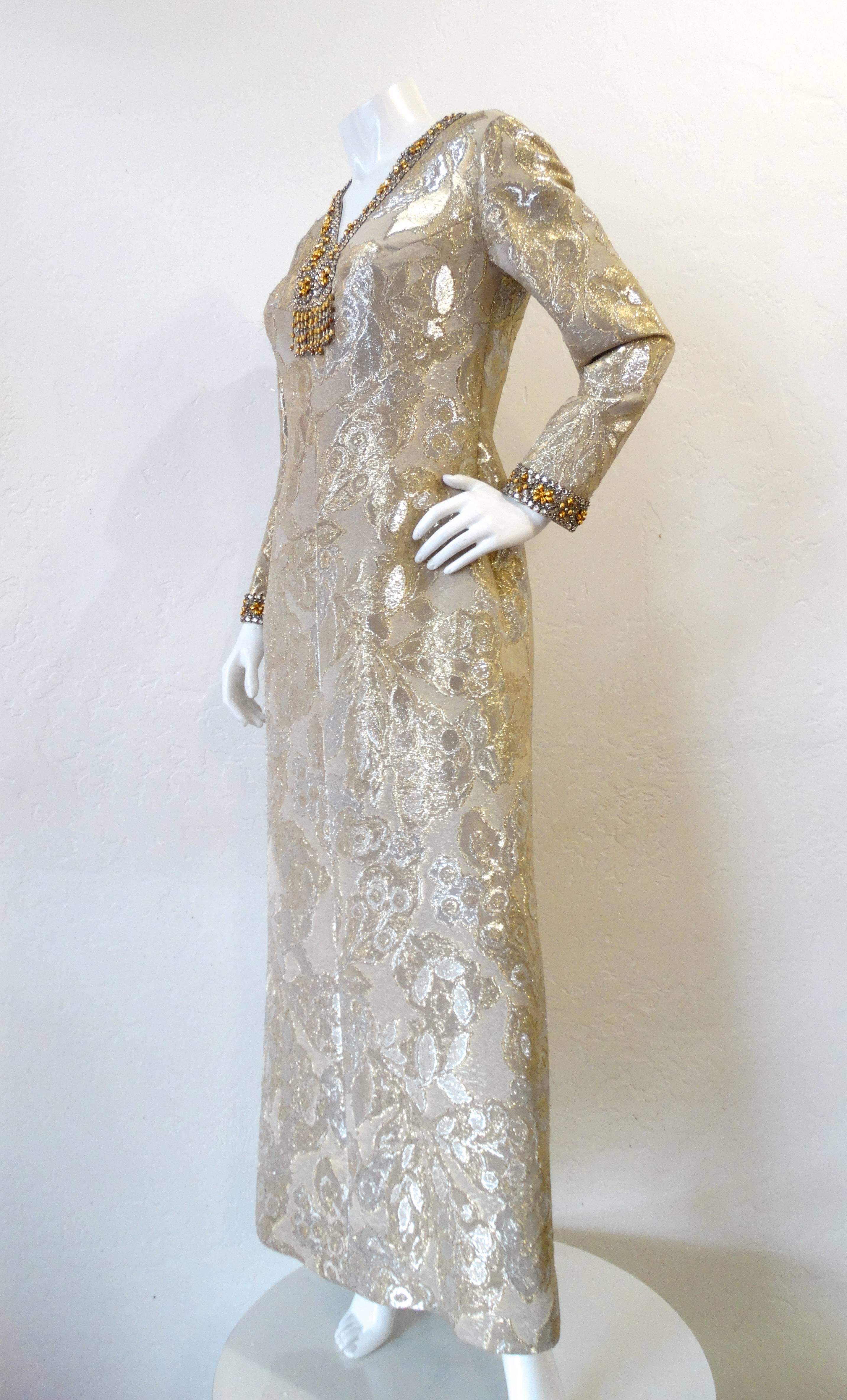 1960s Metallic Floral Brocade Beaded Dress 3