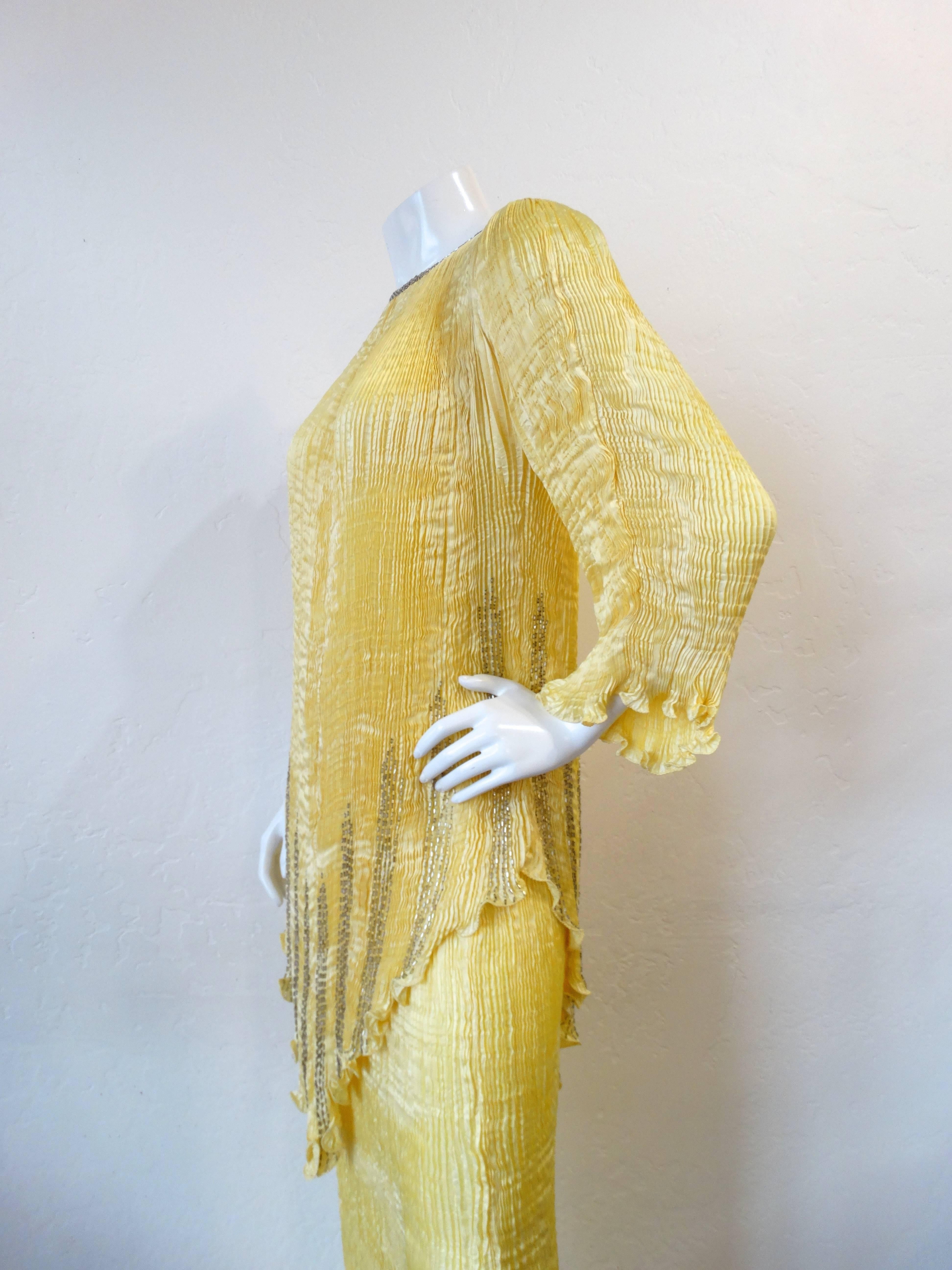 1980s Patricia Lester Yellow Fortuny Micro-Pleated Skirt and Top Set  1