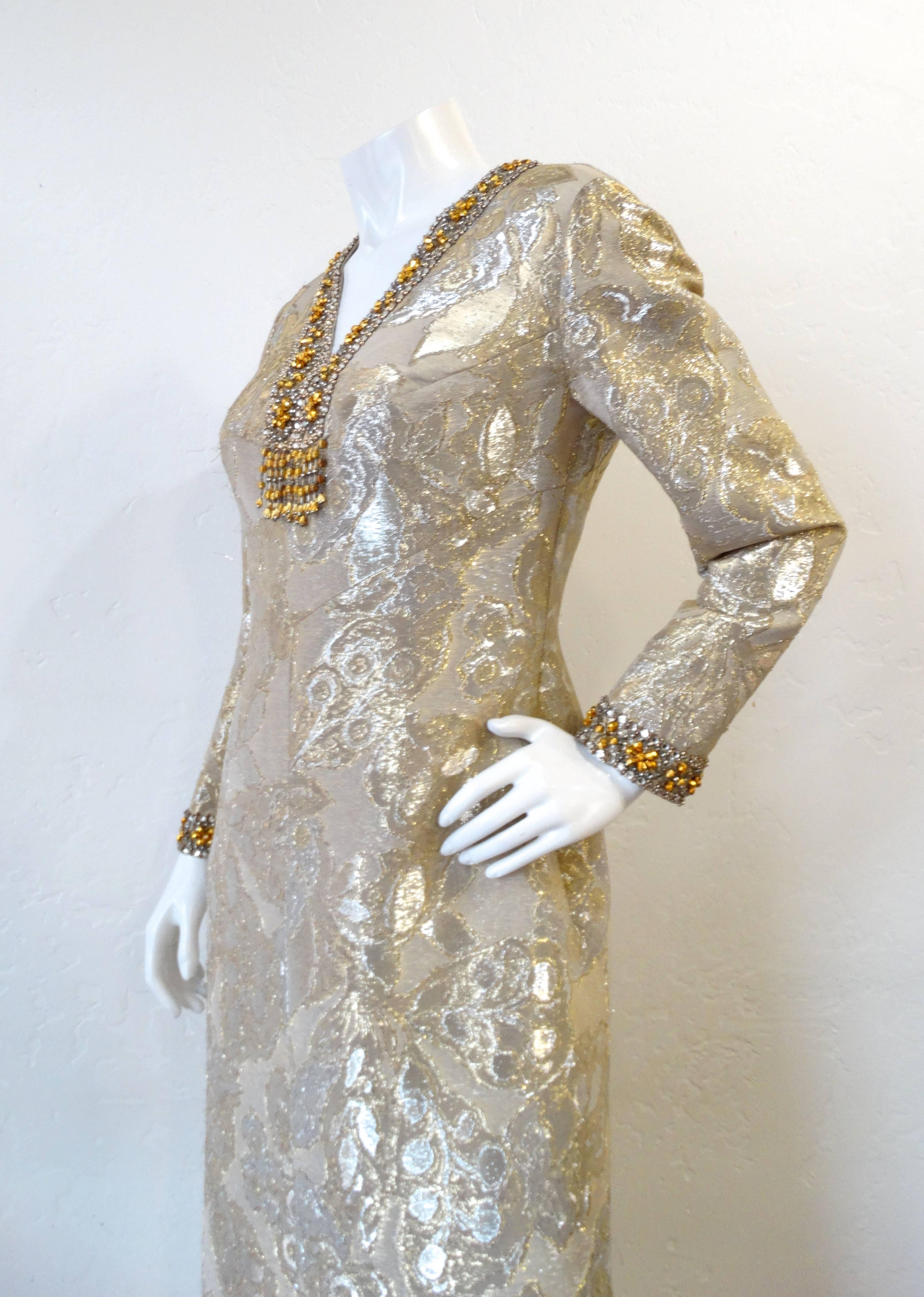 1960s Metallic Floral Brocade Beaded Dress 2