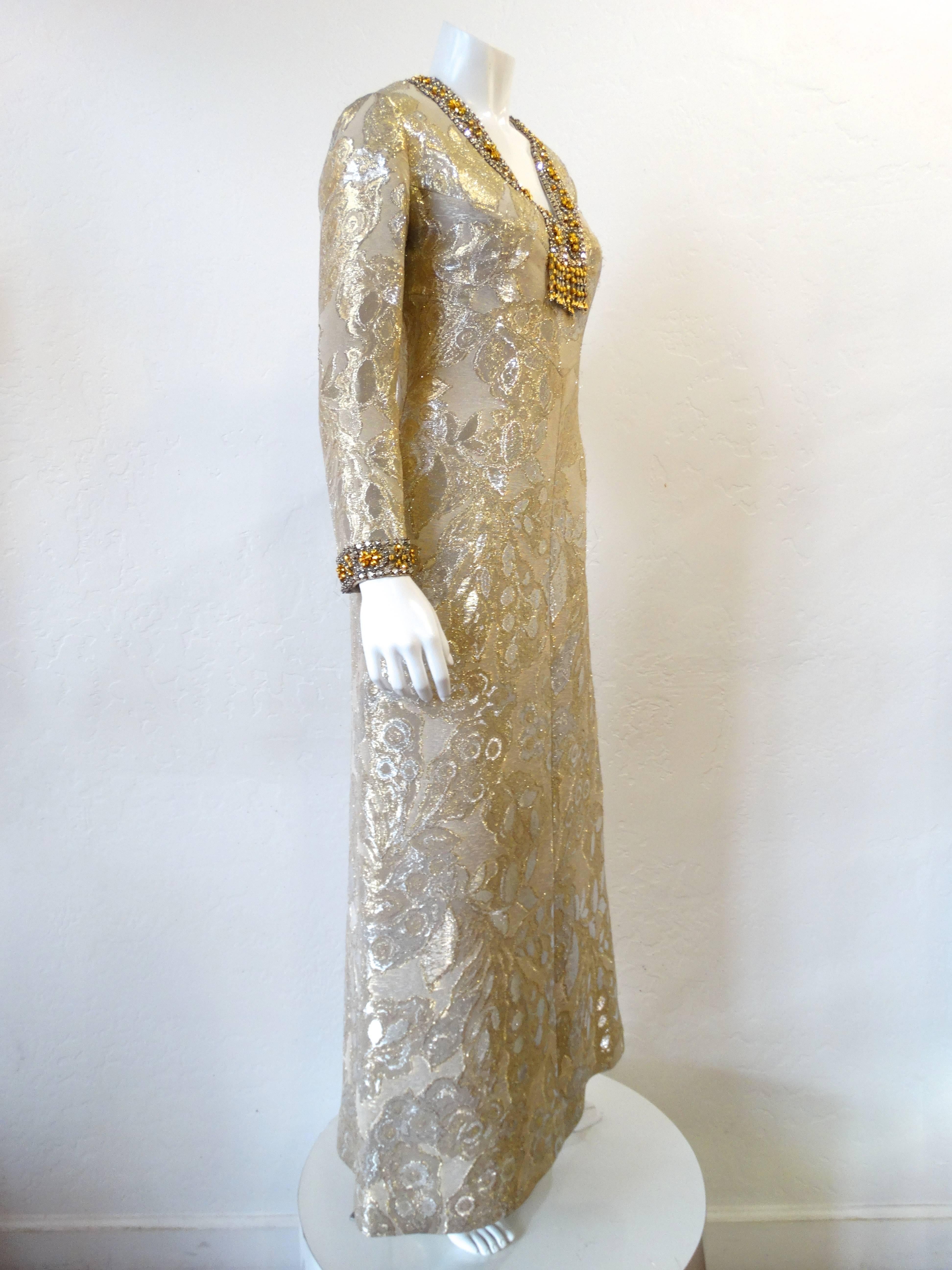 1960s Metallic Floral Brocade Beaded Dress In Excellent Condition In Scottsdale, AZ